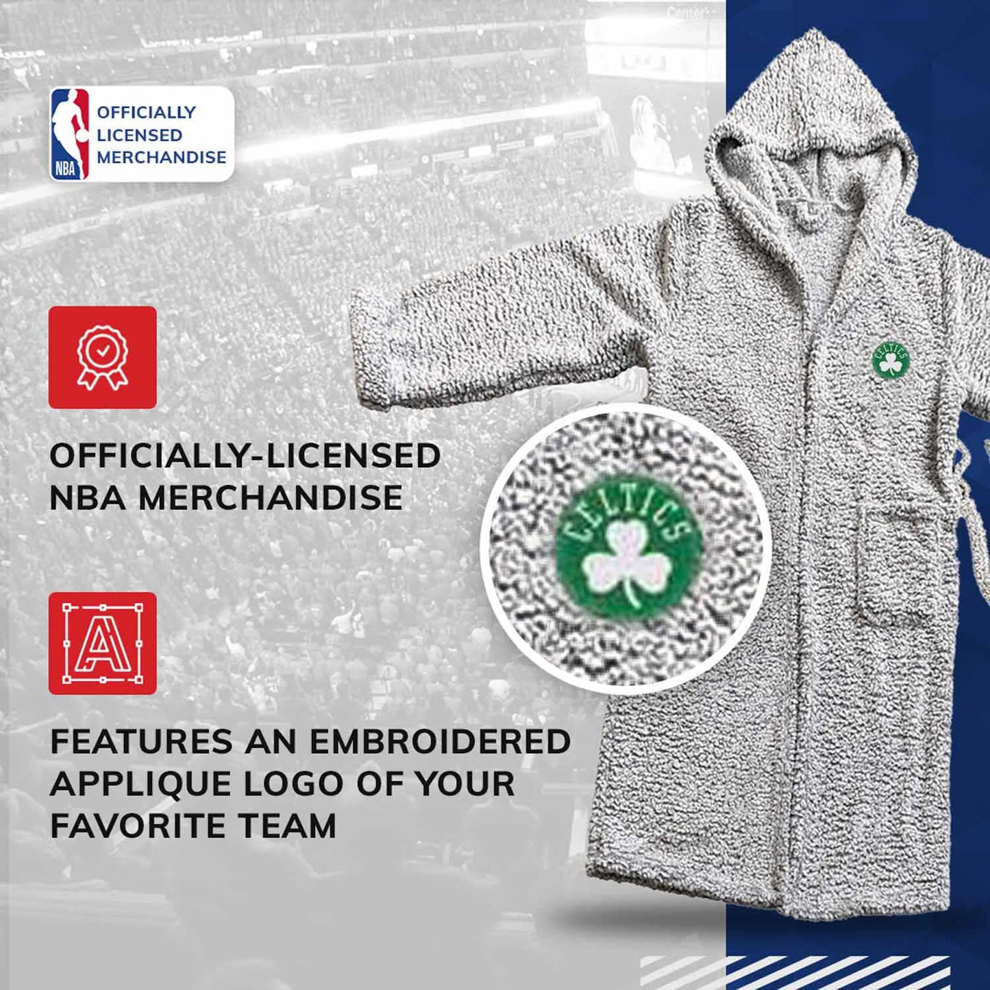 Boston Celtics NBA Adult Plush Hooded Robe with Pockets - Gray