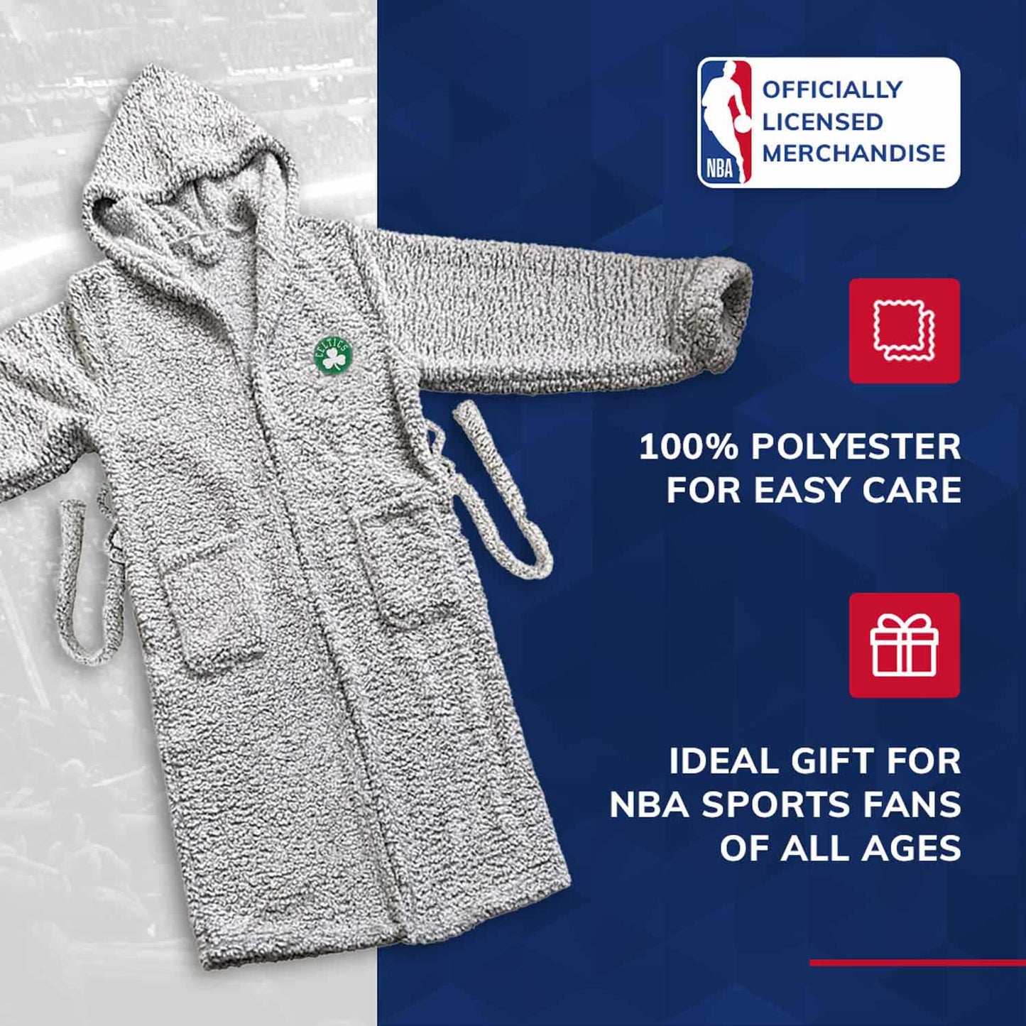 Boston Celtics NBA Adult Plush Hooded Robe with Pockets - Gray