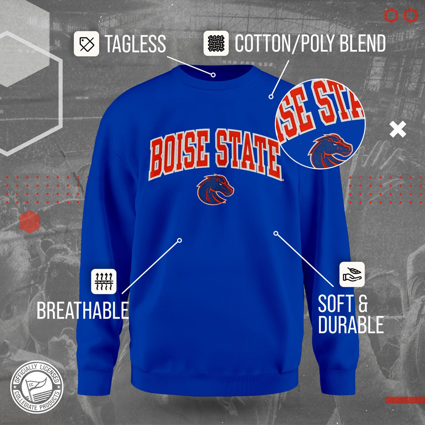 Boise State Broncos NCAA Adult Tackle Twill Crewneck Sweatshirt - Royal