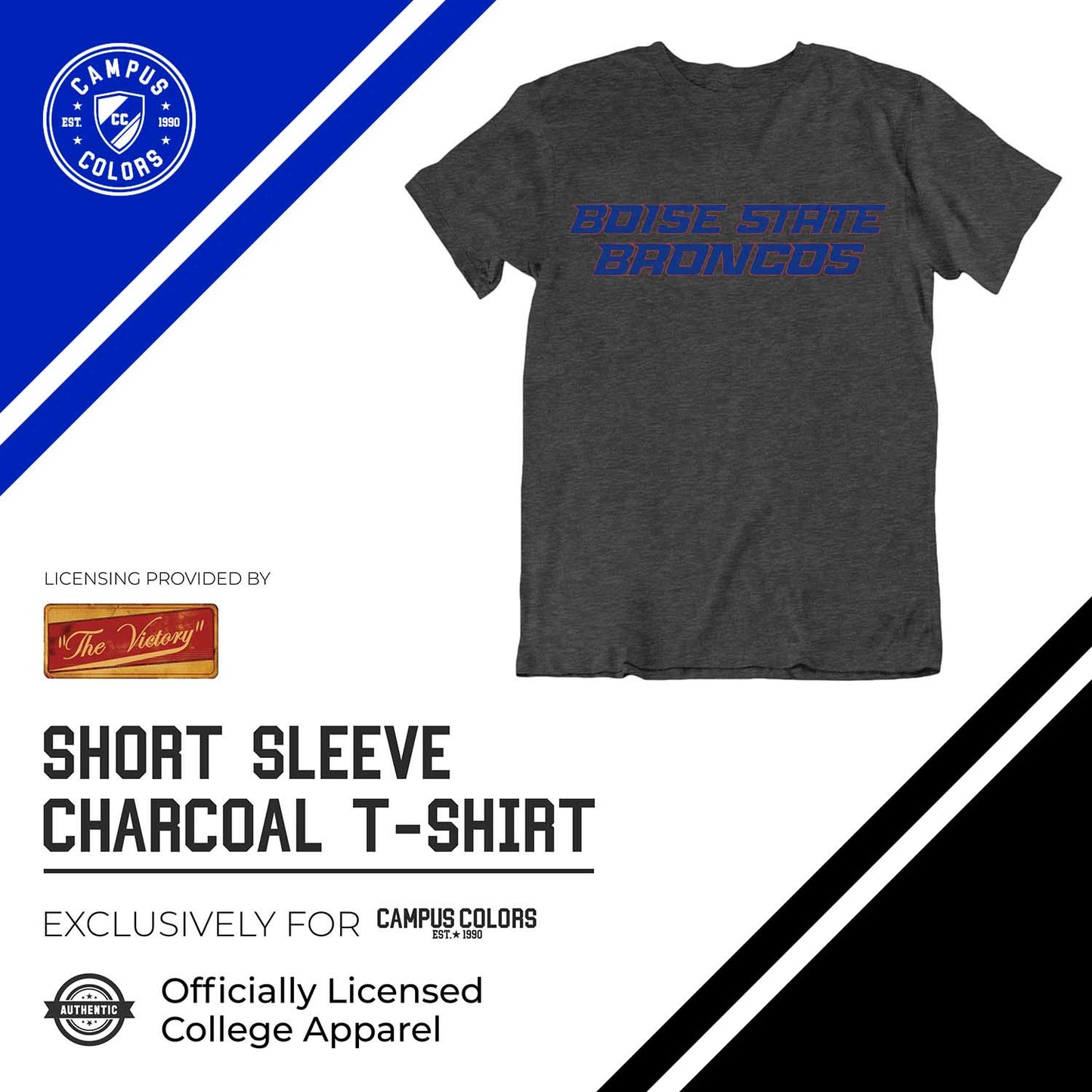 Boise State Broncos Campus Colors NCAA Adult Cotton Blend Charcoal Tagless T-Shirt - Charcoal