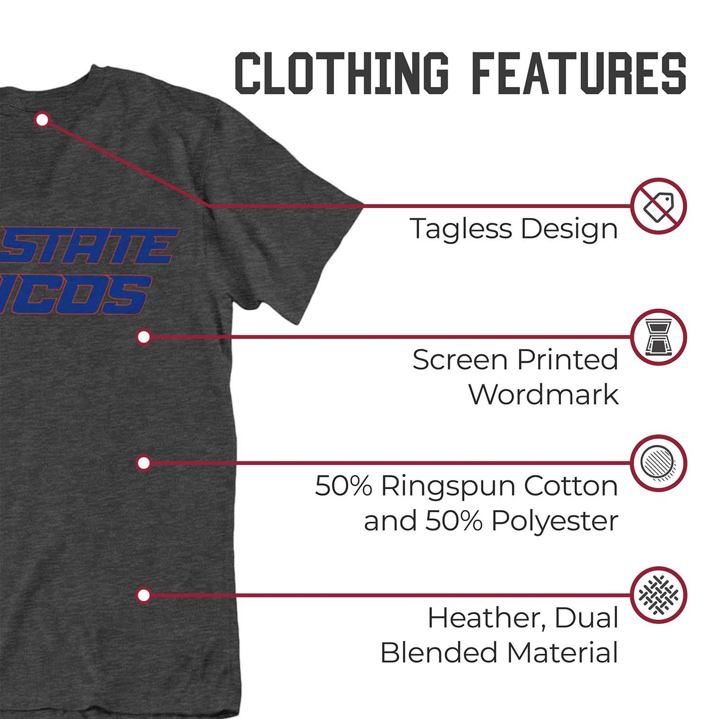 Boise State Broncos Campus Colors NCAA Adult Cotton Blend Charcoal Tagless T-Shirt - Charcoal
