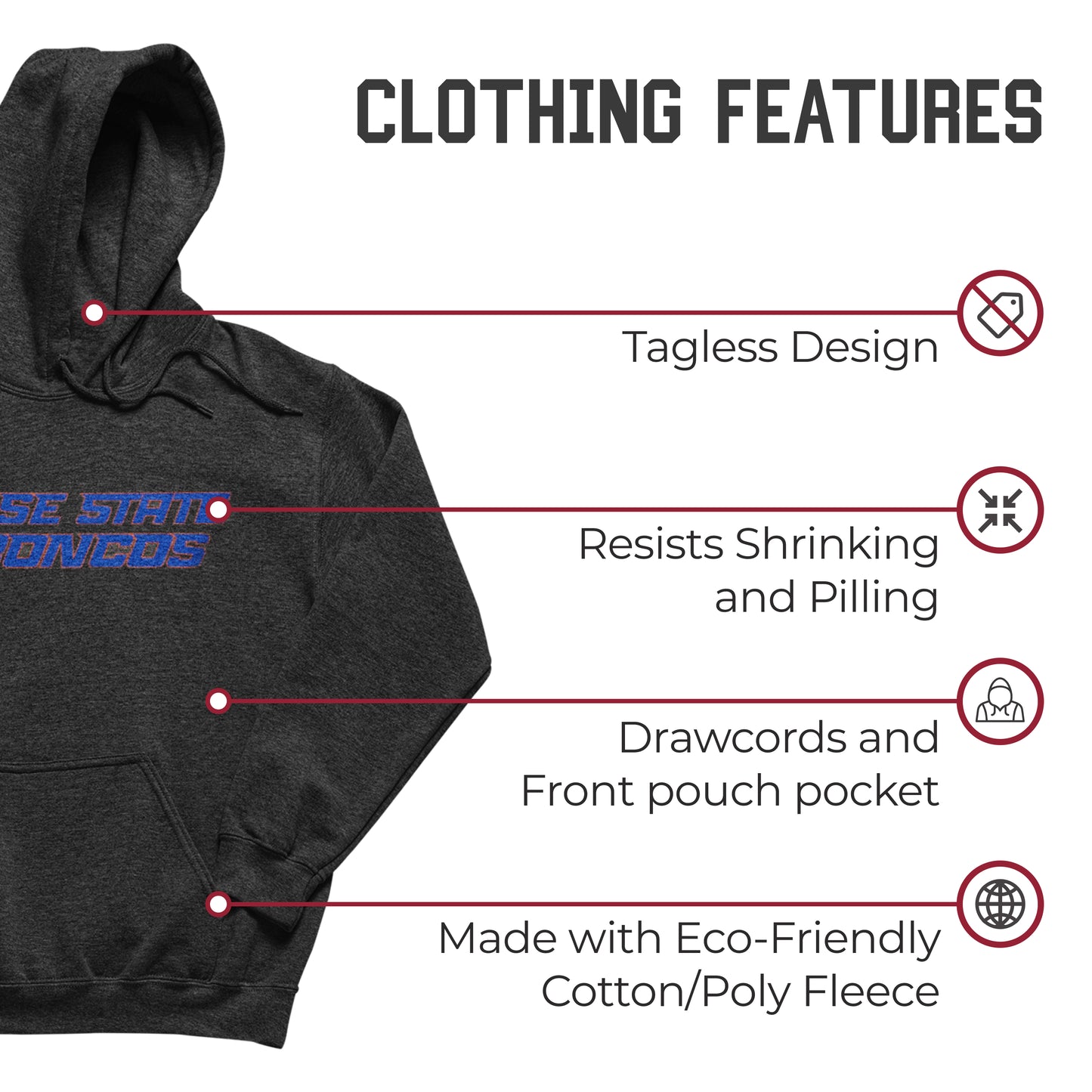Boise State Broncos NCAA Adult Cotton Blend Charcoal Hooded Sweatshirt - Charcoal