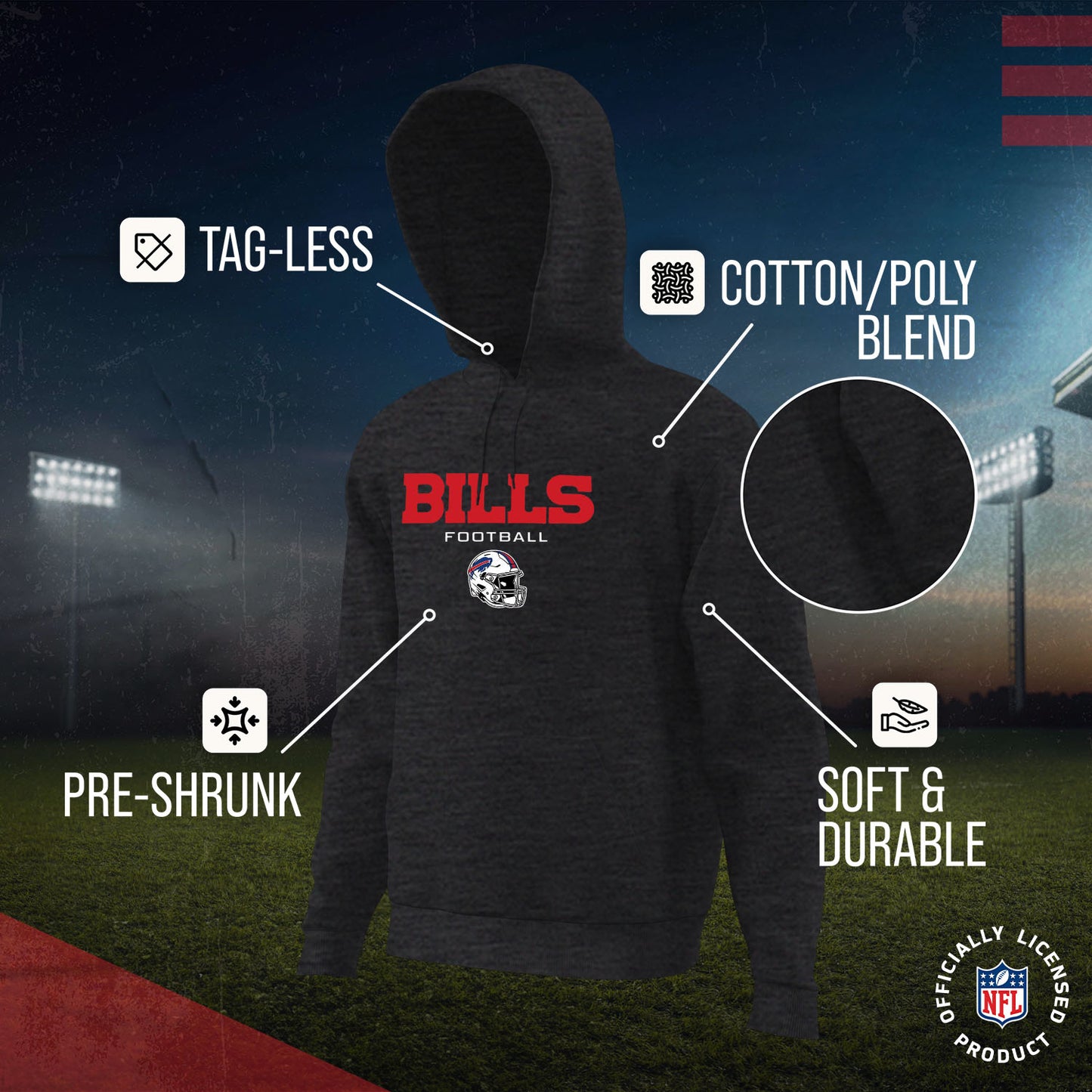 Buffalo Bills Adult NFL Football Helmet Heather Hooded Sweatshirt - Charcoal