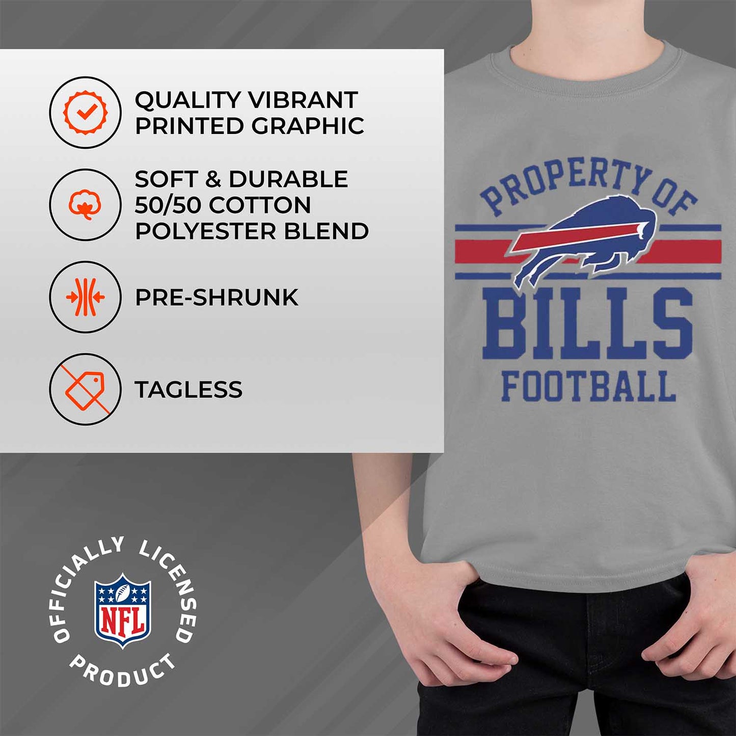 Buffalo Bills NFL Youth Property Of Short Sleeve Lightweight T Shirt - Sport Gray