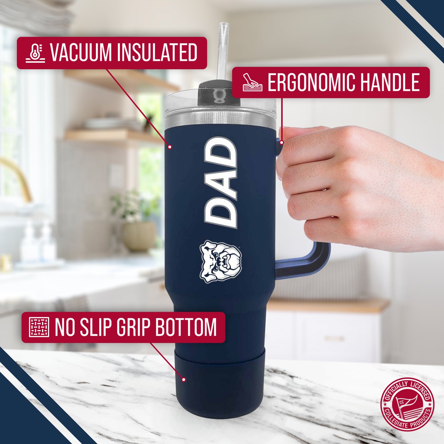 Butler Bulldogs Collegiate 40oz Stainless Steel Travel Tumbler with Handle for Dad - Navy