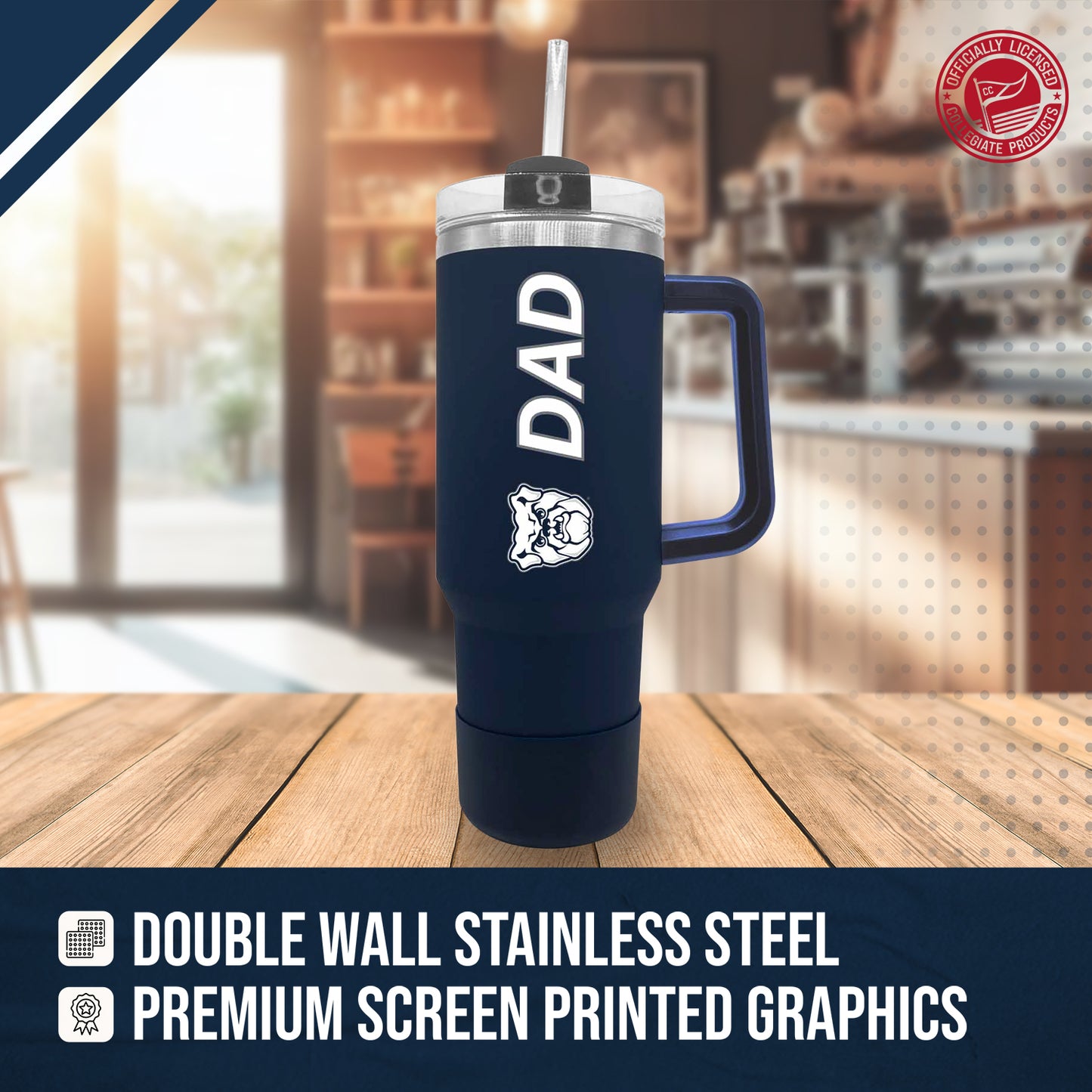 Butler Bulldogs Collegiate 40oz Stainless Steel Travel Tumbler with Handle for Dad - Navy