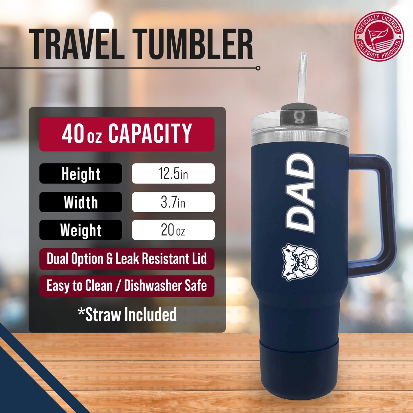 Butler Bulldogs Collegiate 40oz Stainless Steel Travel Tumbler with Handle for Dad - Navy