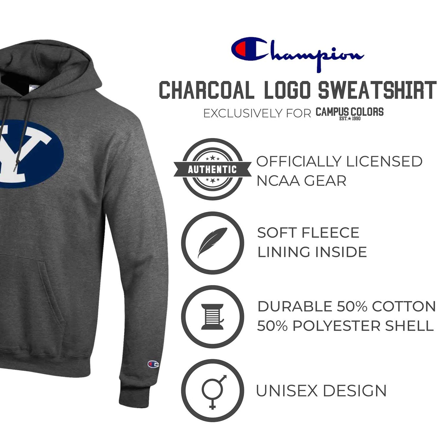 BYU Cougars Adult Mascot Fleece Hooded Sweatshirt - Charcoal
