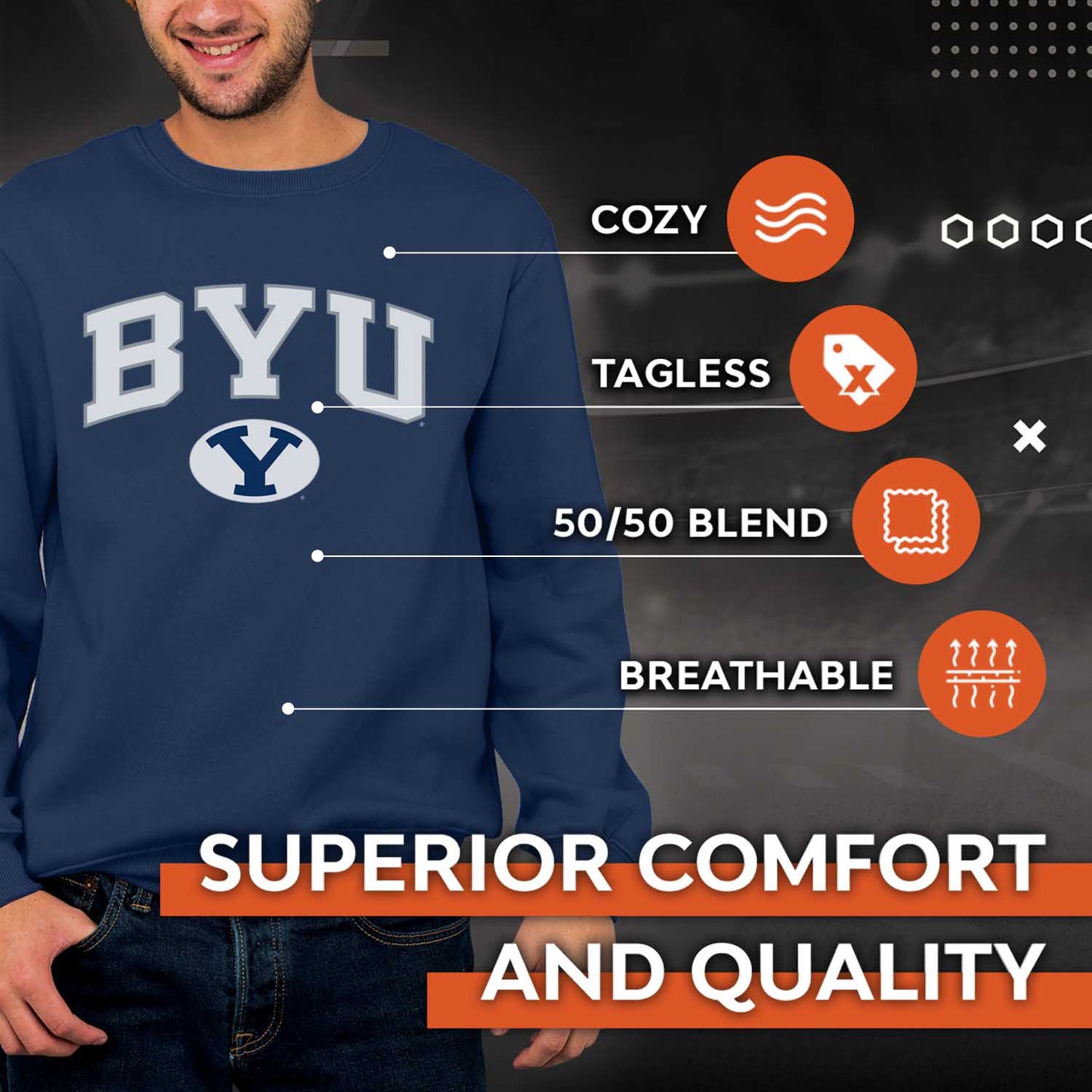 BYU Cougars NCAA Adult Tackle Twill Crewneck Sweatshirt - Navy