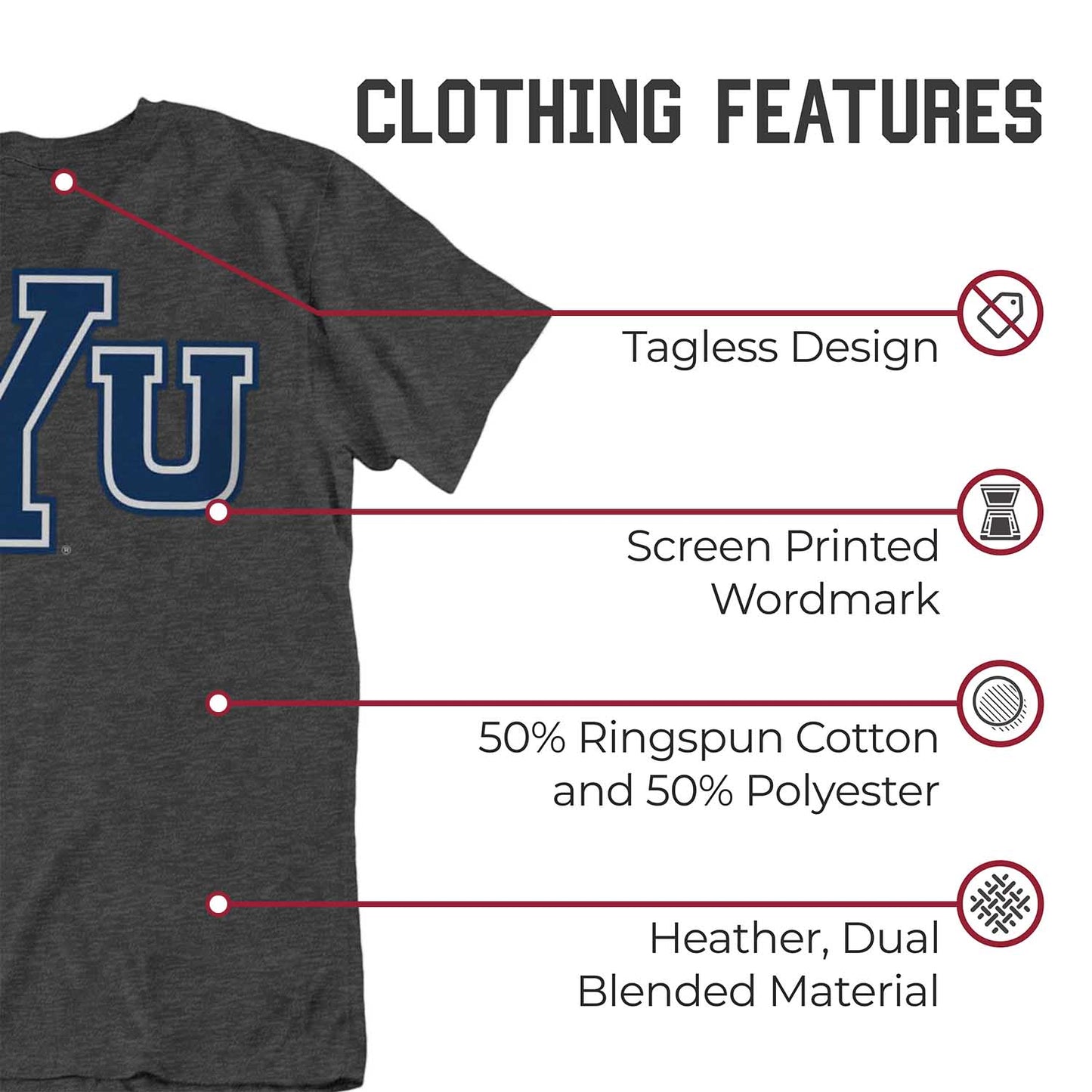BYU Cougars Campus Colors NCAA Adult Cotton Blend Charcoal Tagless T-Shirt - Charcoal