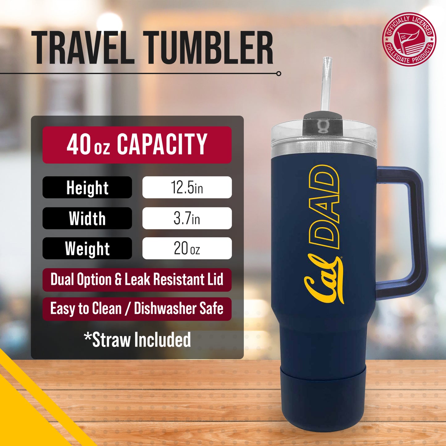 Cal Golden Bears Collegiate 40oz Stainless Steel Travel Tumbler with Handle for Dad - Navy