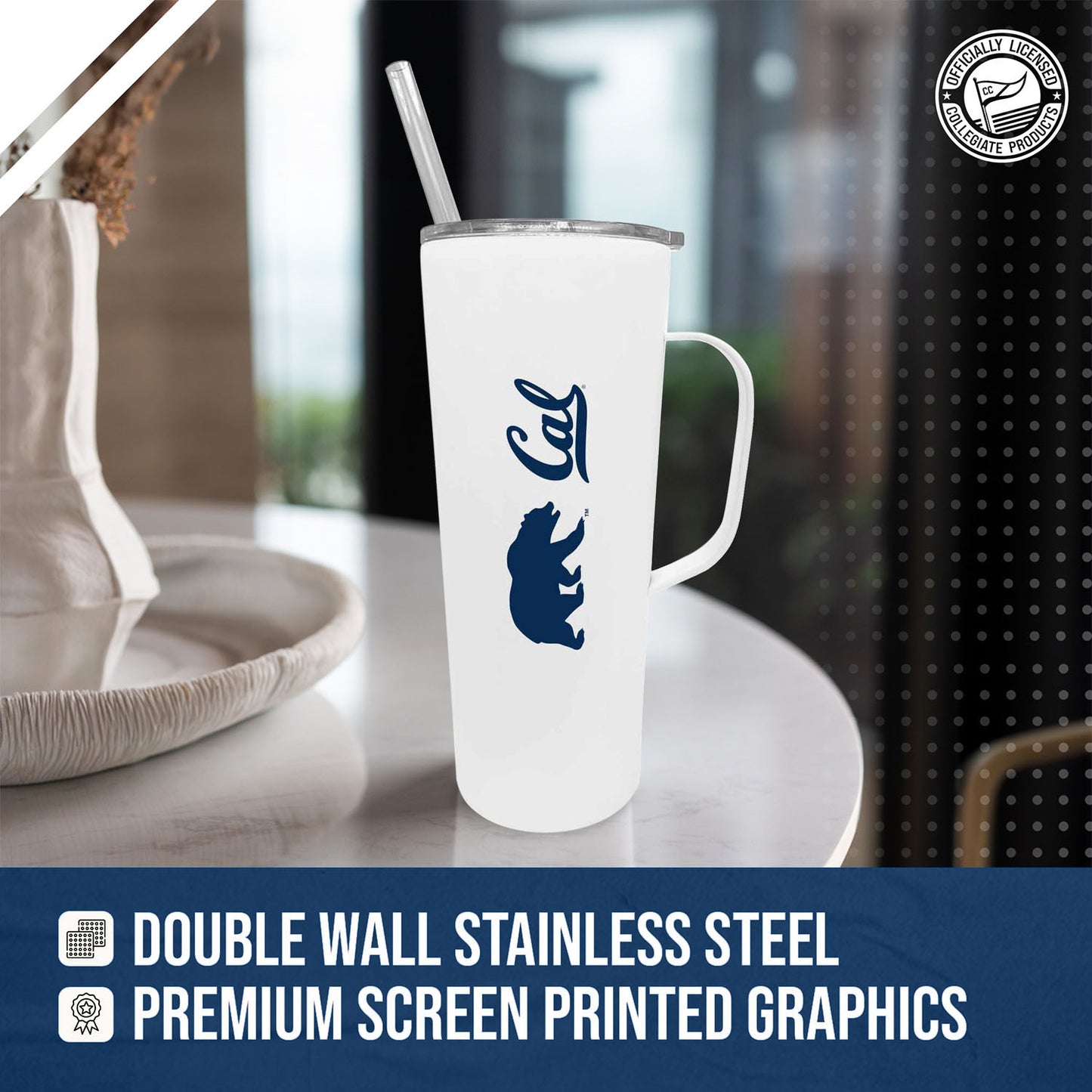 Cal Golden Bears NCAA Stainless Steel 20oz Roadie With Handle & Dual Option Lid With Straw - White