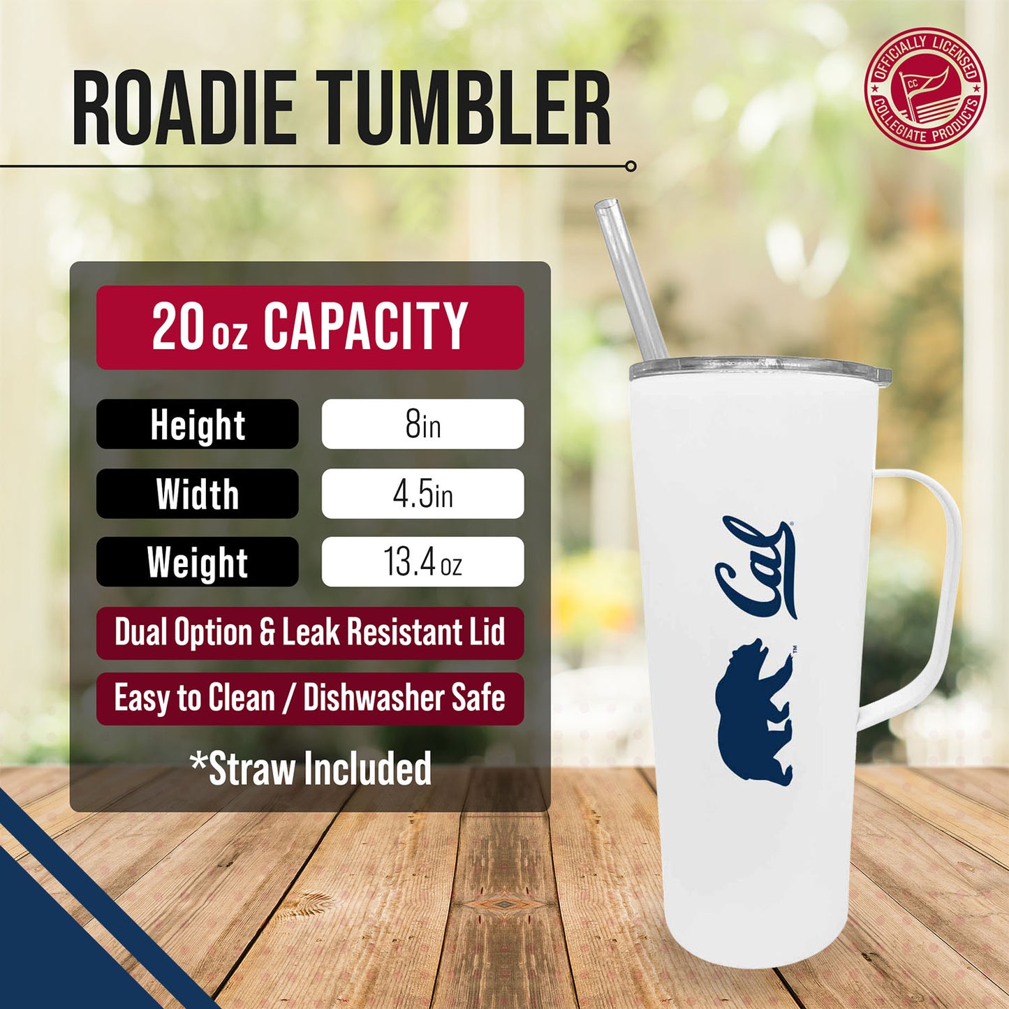Cal Golden Bears NCAA Stainless Steel 20oz Roadie With Handle & Dual Option Lid With Straw - White