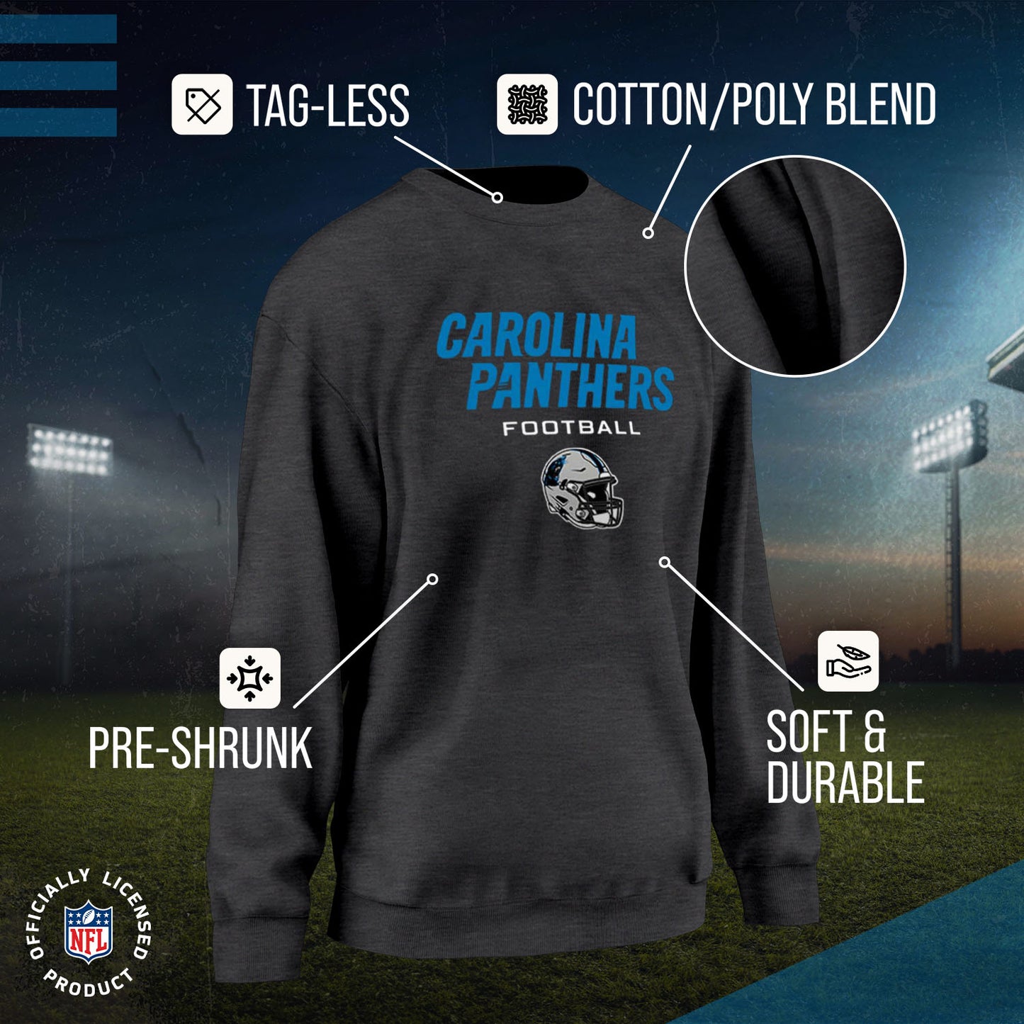 Carolina Panthers Women's NFL Football Helmet Charcoal Slouchy Crewneck -Tagless Lightweight Pullover - Charcoal