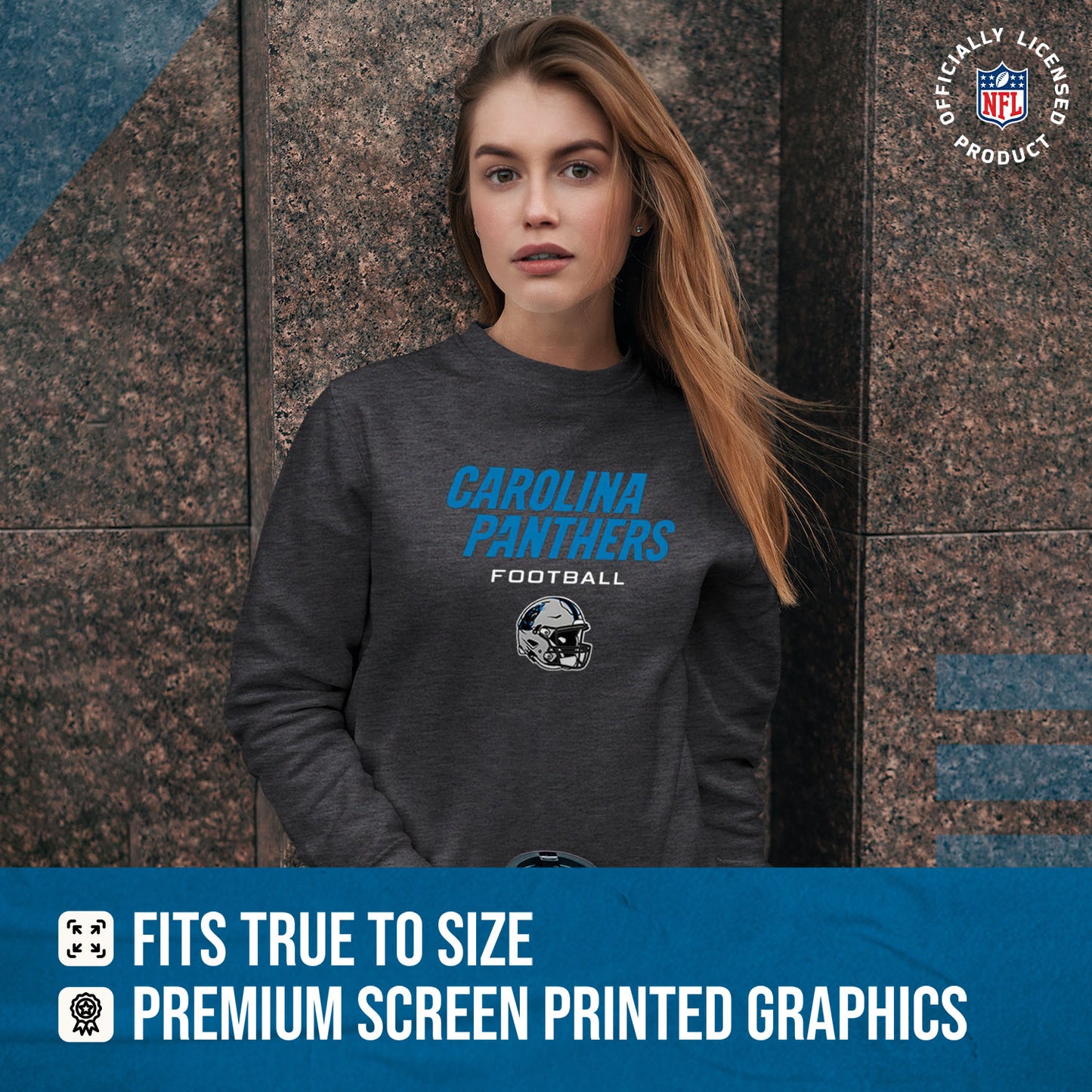 Carolina Panthers Women's NFL Football Helmet Charcoal Slouchy Crewneck -Tagless Lightweight Pullover - Charcoal