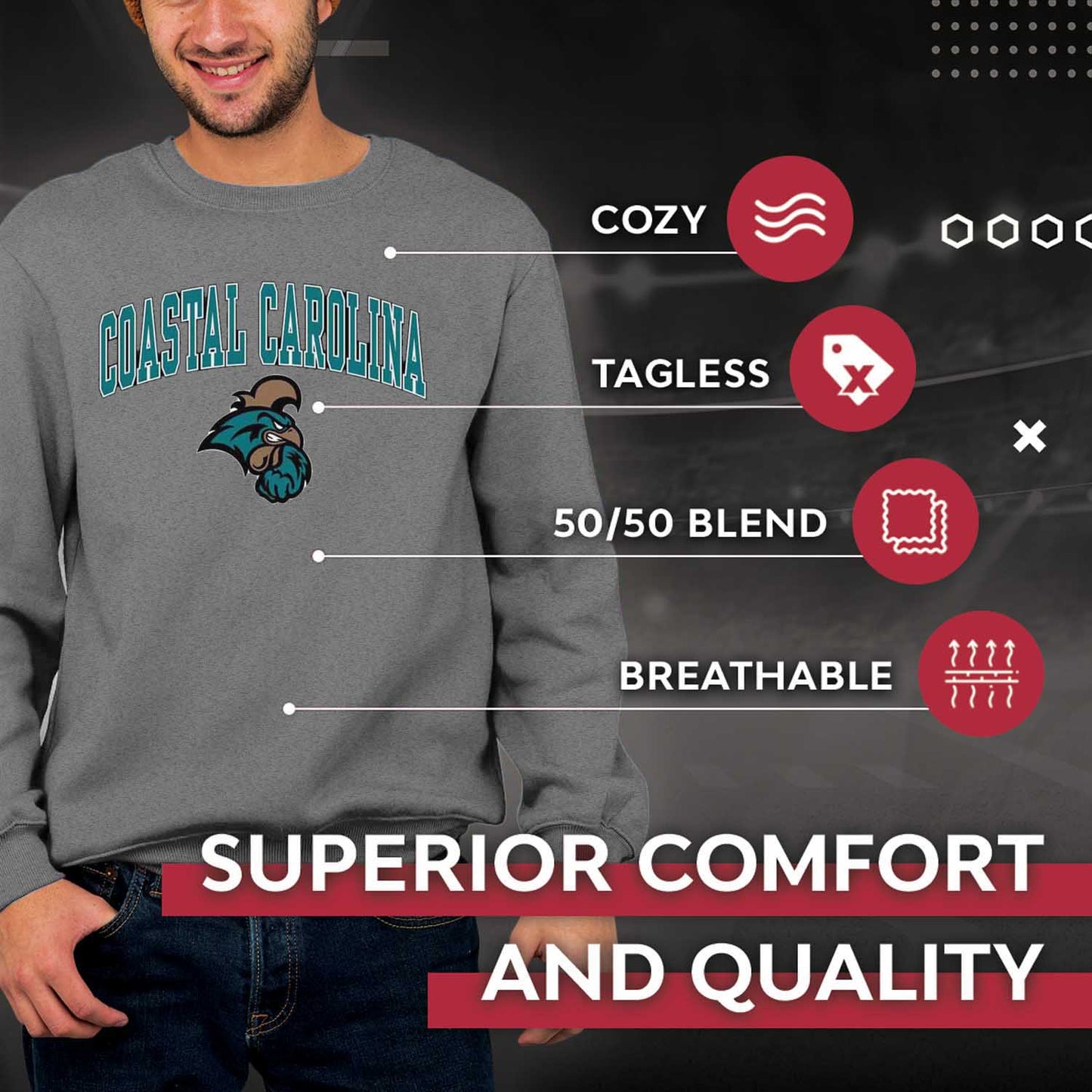 Coastal Carolina Chanticleers Adult Arch & Logo Soft Style Gameday Crewneck Sweatshirt - Graphite