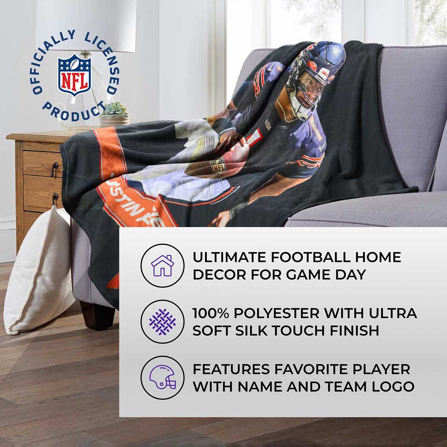 Chicago Bears NFL Hi-Def Justin Fields Silk Blanket - Navy
