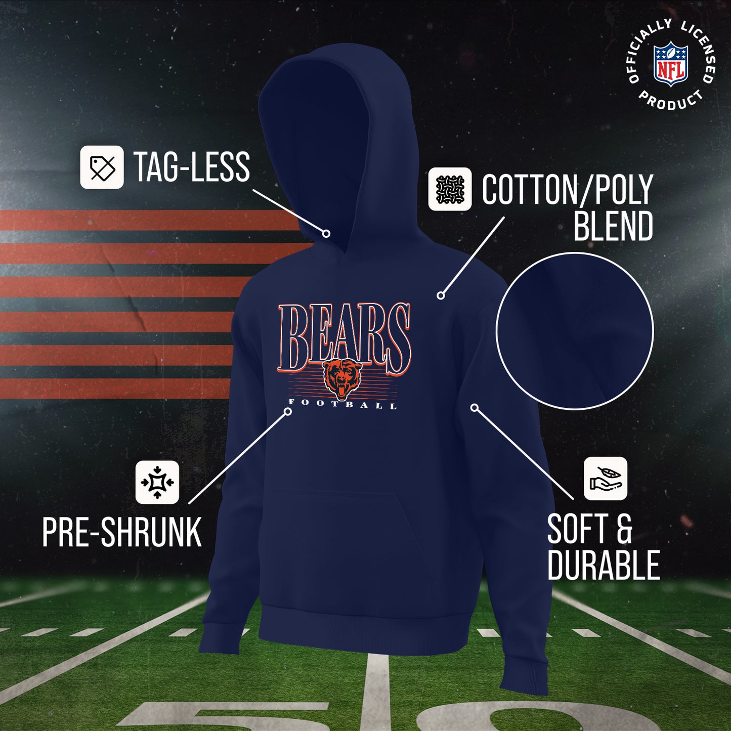 Chicago Bears NFL Youth Overtime Blueprint Football Fleece Hooded Sweatshirt - Navy
