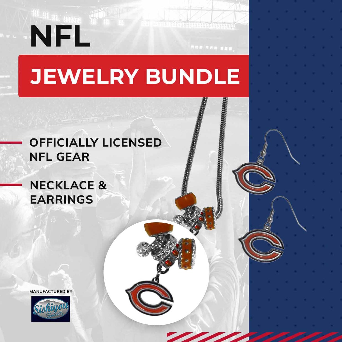 Chicago Bears NFL Game Day Necklace and Earrings - Silver