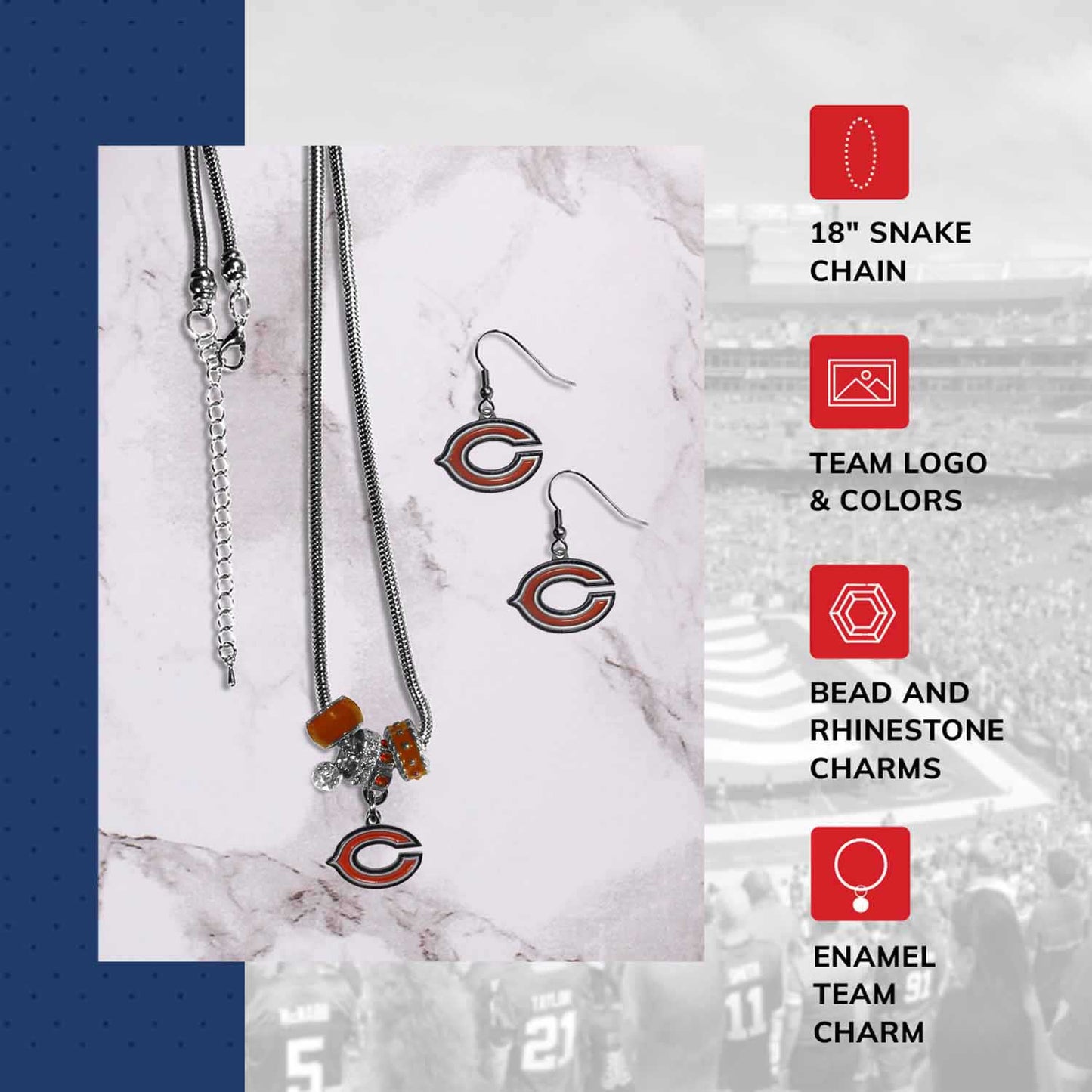 Chicago Bears NFL Game Day Necklace and Earrings - Silver