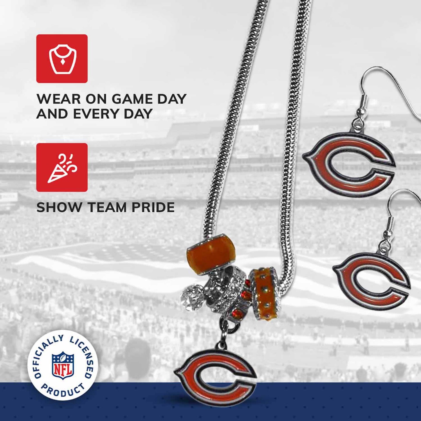 Chicago Bears NFL Game Day Necklace and Earrings - Silver
