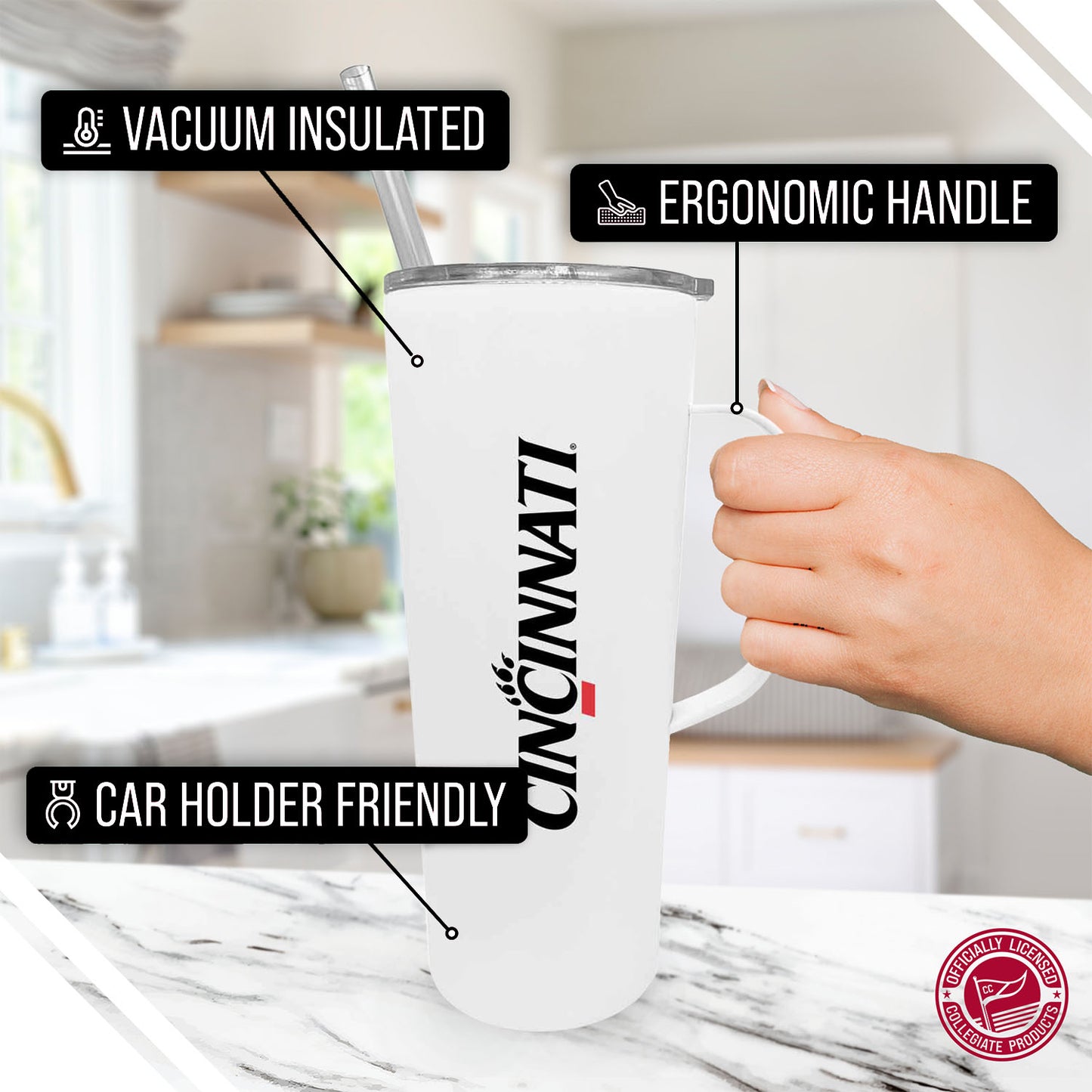 Cincinnati Bearcats NCAA Stainless Steel 20oz Roadie With Handle & Dual Option Lid With Straw - White