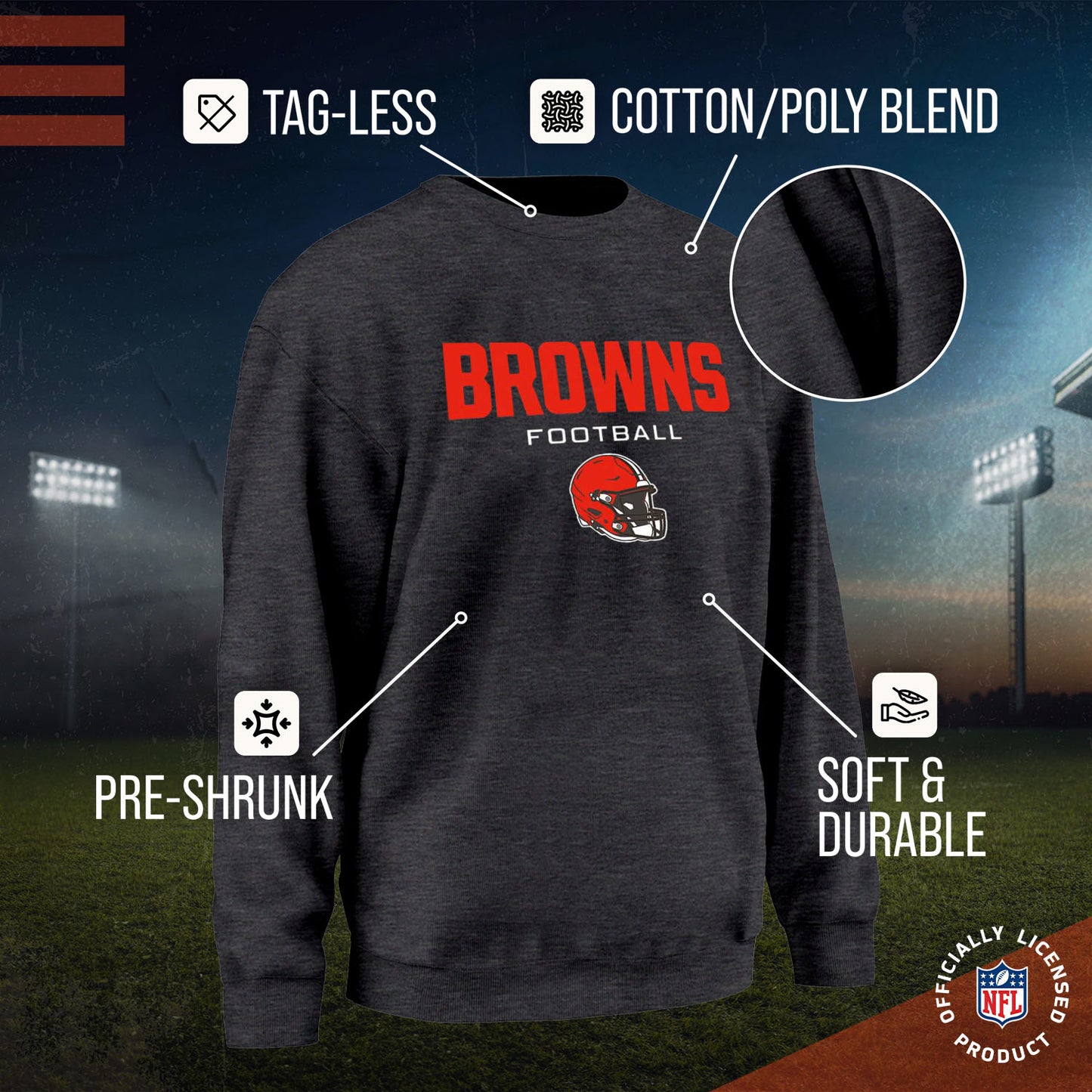 Cleveland Browns Adult NFL Football Helmet Heather Crewneck Sweatshirt - Charcoal