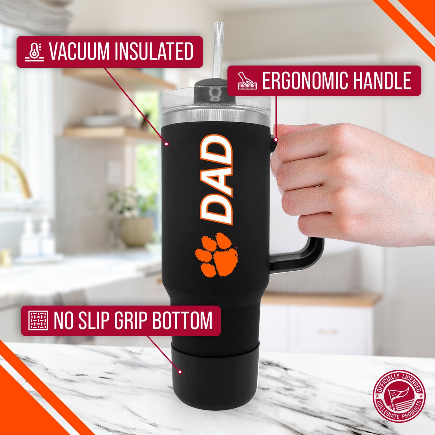 Clemson Tigers Collegiate 40oz Stainless Steel Travel Tumbler with Handle for Dad - Black
