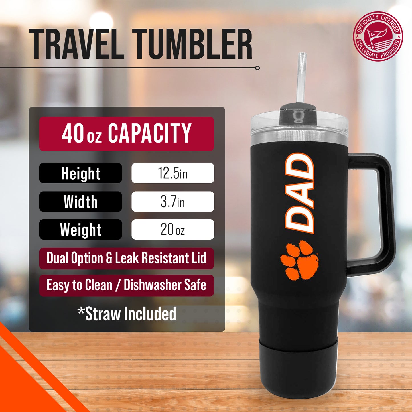 Clemson Tigers Collegiate 40oz Stainless Steel Travel Tumbler with Handle for Dad - Black