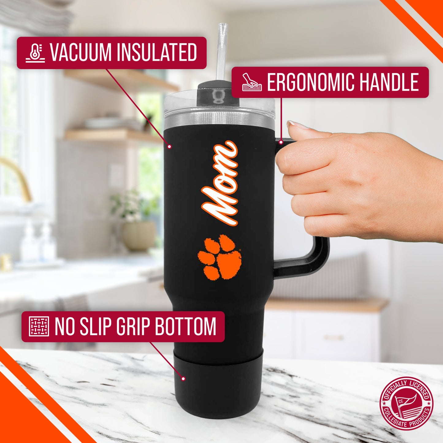 Clemson Tigers Collegiate 40oz Stainless Steel Travel Tumbler with Handle for Mom - Black