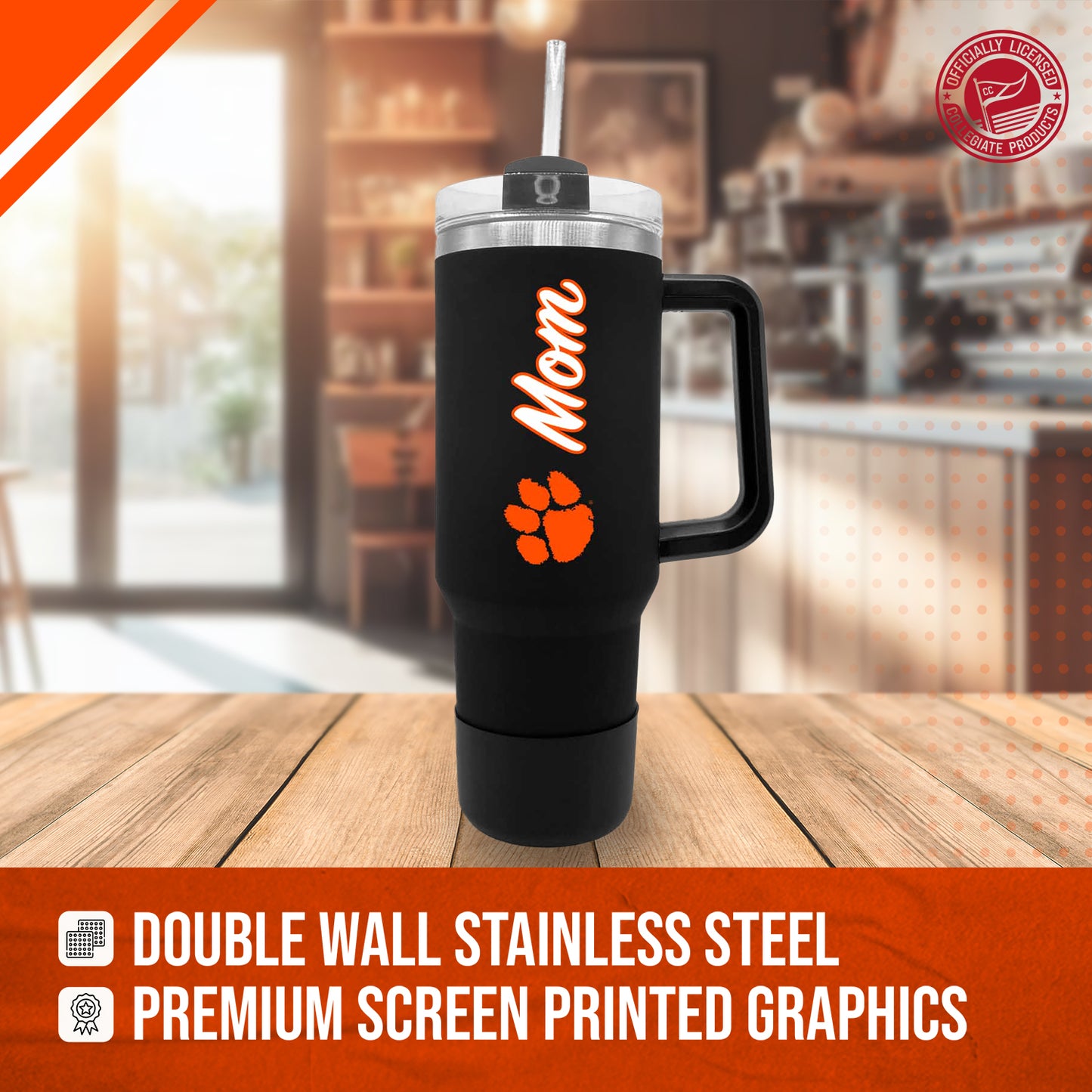 Clemson Tigers Collegiate 40oz Stainless Steel Travel Tumbler with Handle for Mom - Black