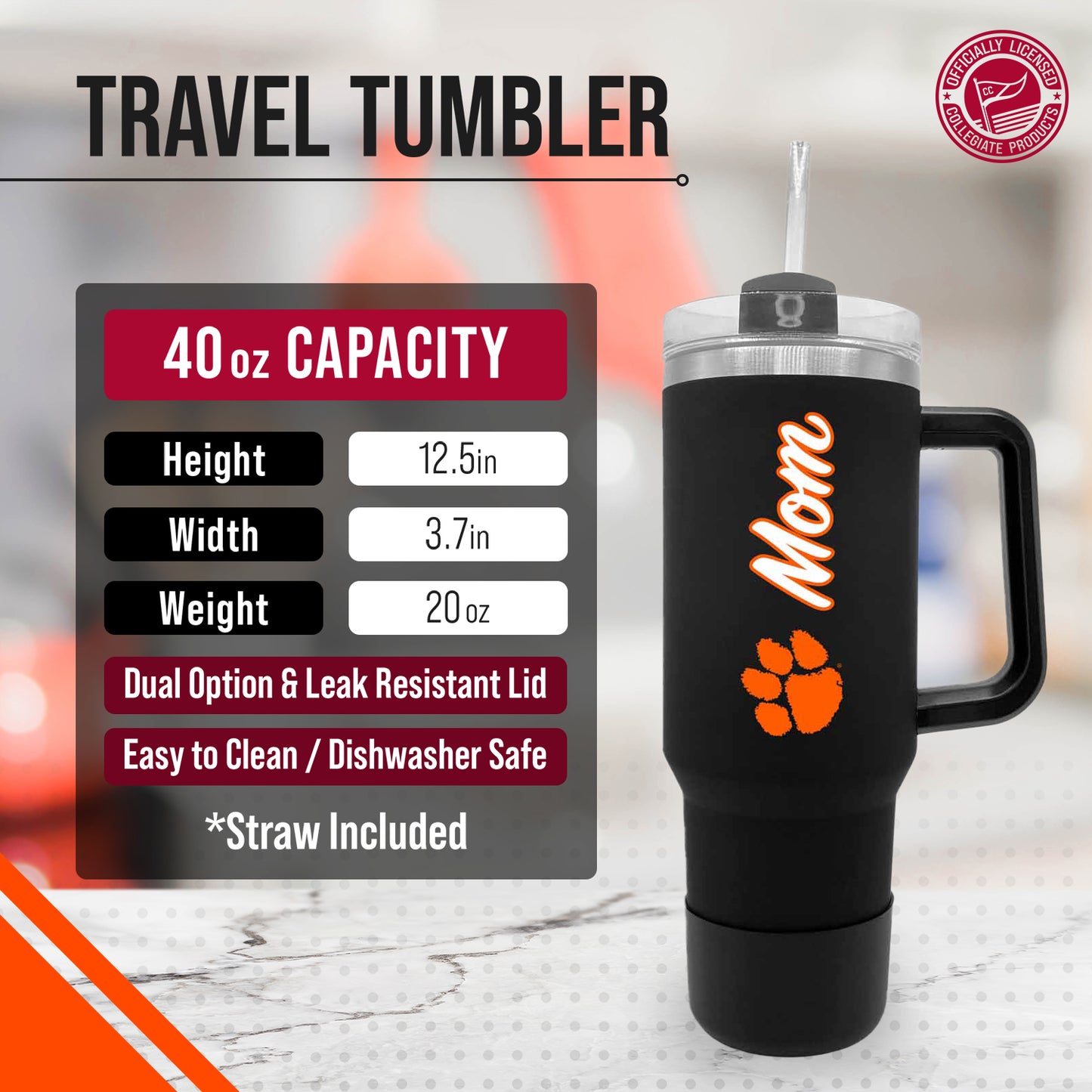 Clemson Tigers Collegiate 40oz Stainless Steel Travel Tumbler with Handle for Mom - Black