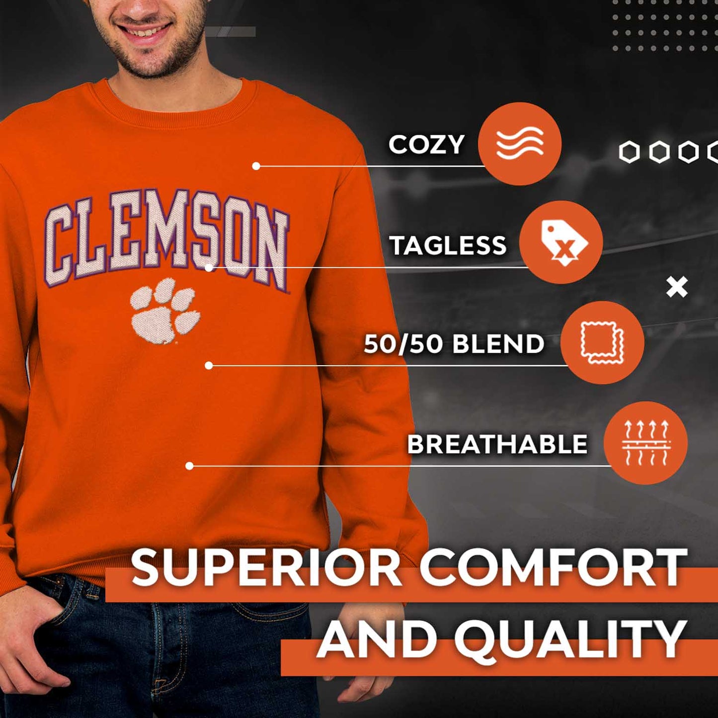 Clemson Tigers NCAA Adult Tackle Twill Crewneck Sweatshirt - Orange