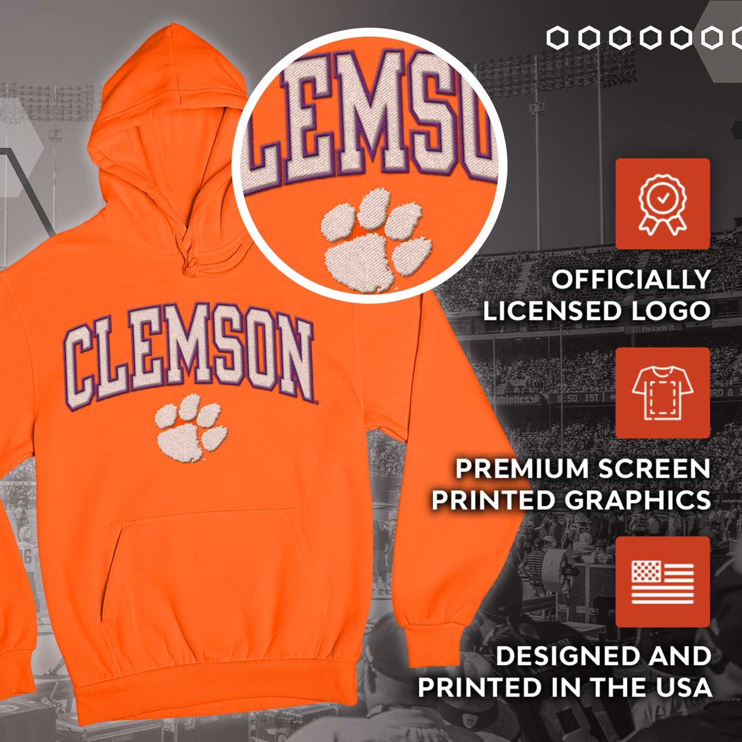 Clemson Tigers NCAA Adult Tackle Twill Hooded Sweatshirt - Orange
