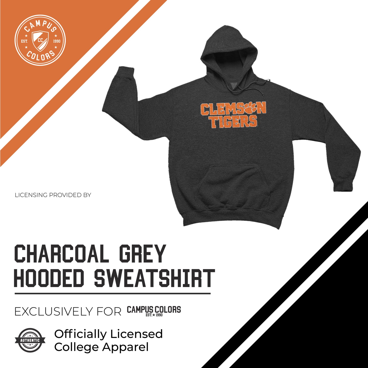 Clemson Tigers NCAA Adult Cotton Blend Charcoal Hooded Sweatshirt - Charcoal