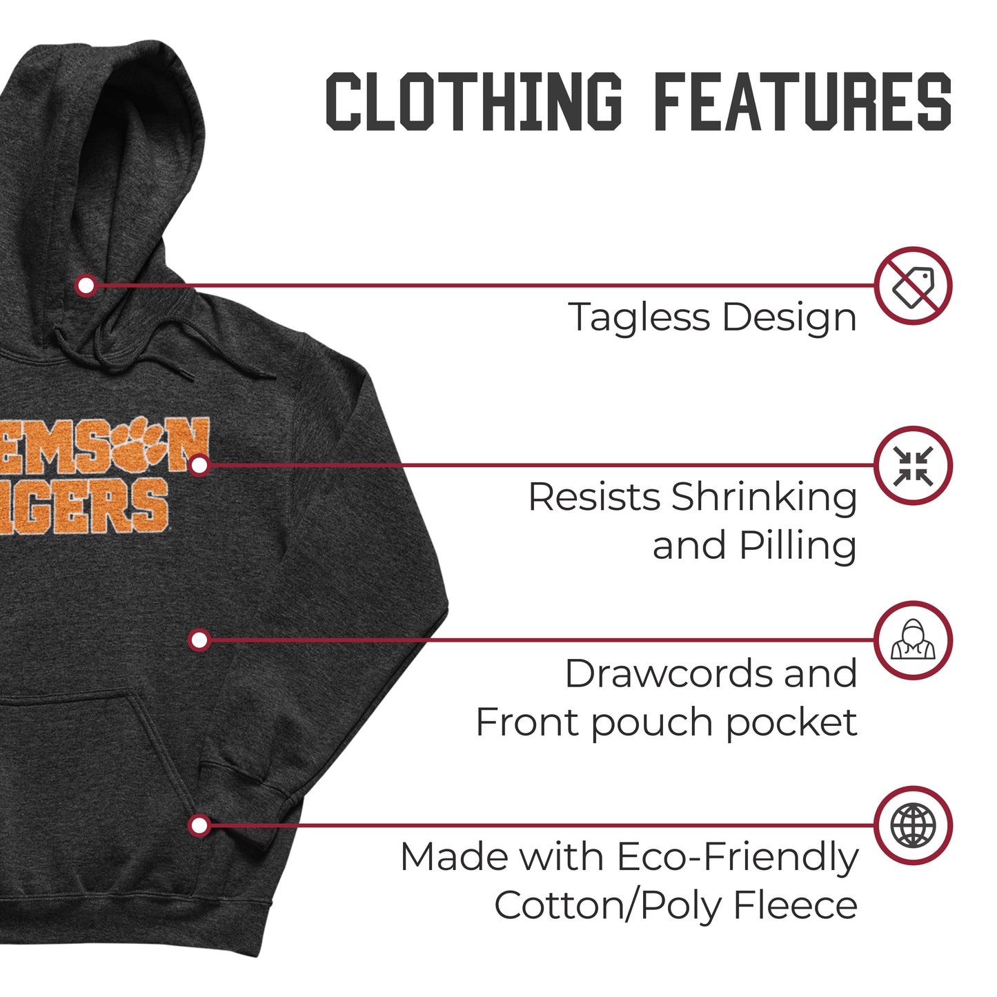 Clemson Tigers NCAA Adult Cotton Blend Charcoal Hooded Sweatshirt - Charcoal