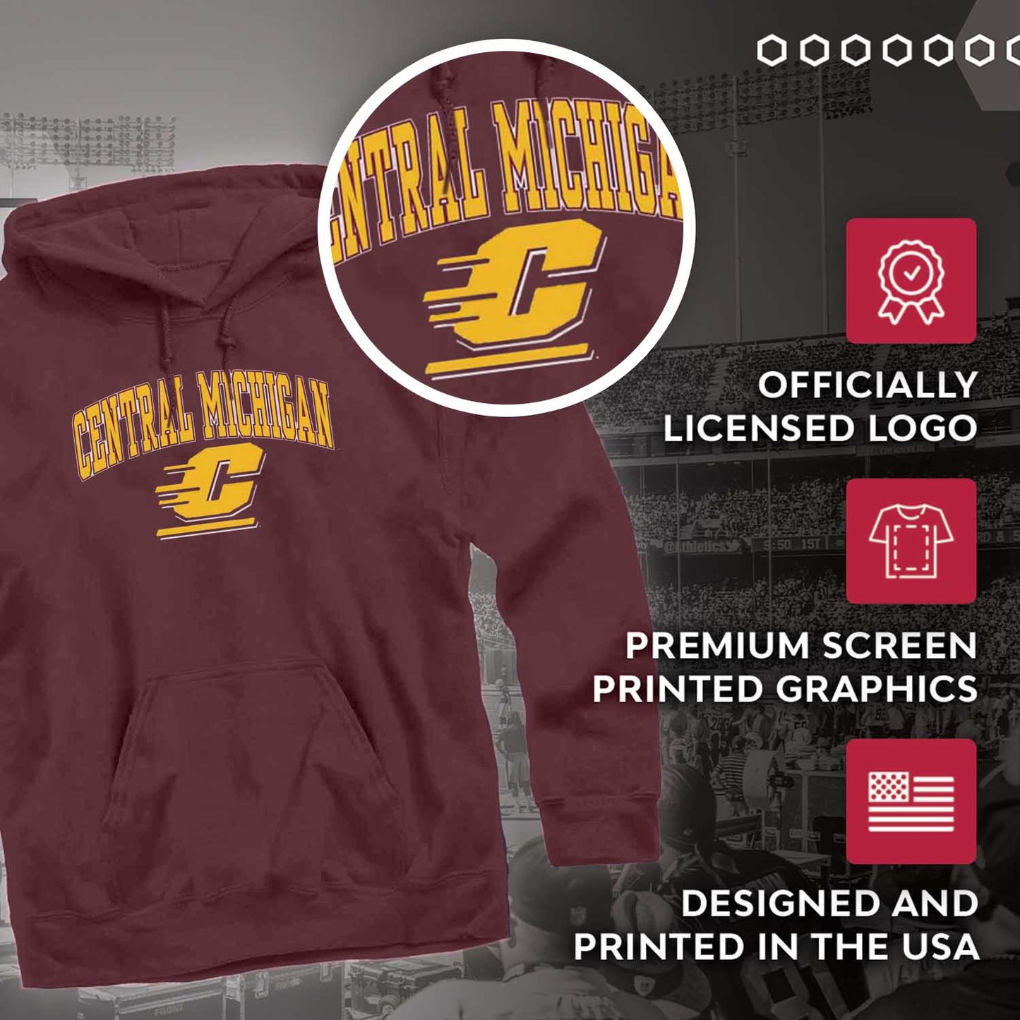 Central Michigan Chippewas Adult Arch & Logo Soft Style Gameday Hooded Sweatshirt - Maroon