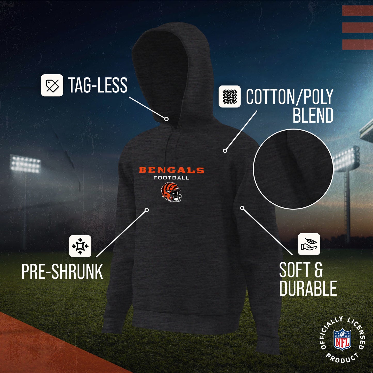 Cincinnati Bengals Adult NFL Football Helmet Heather Hooded Sweatshirt - Charcoal