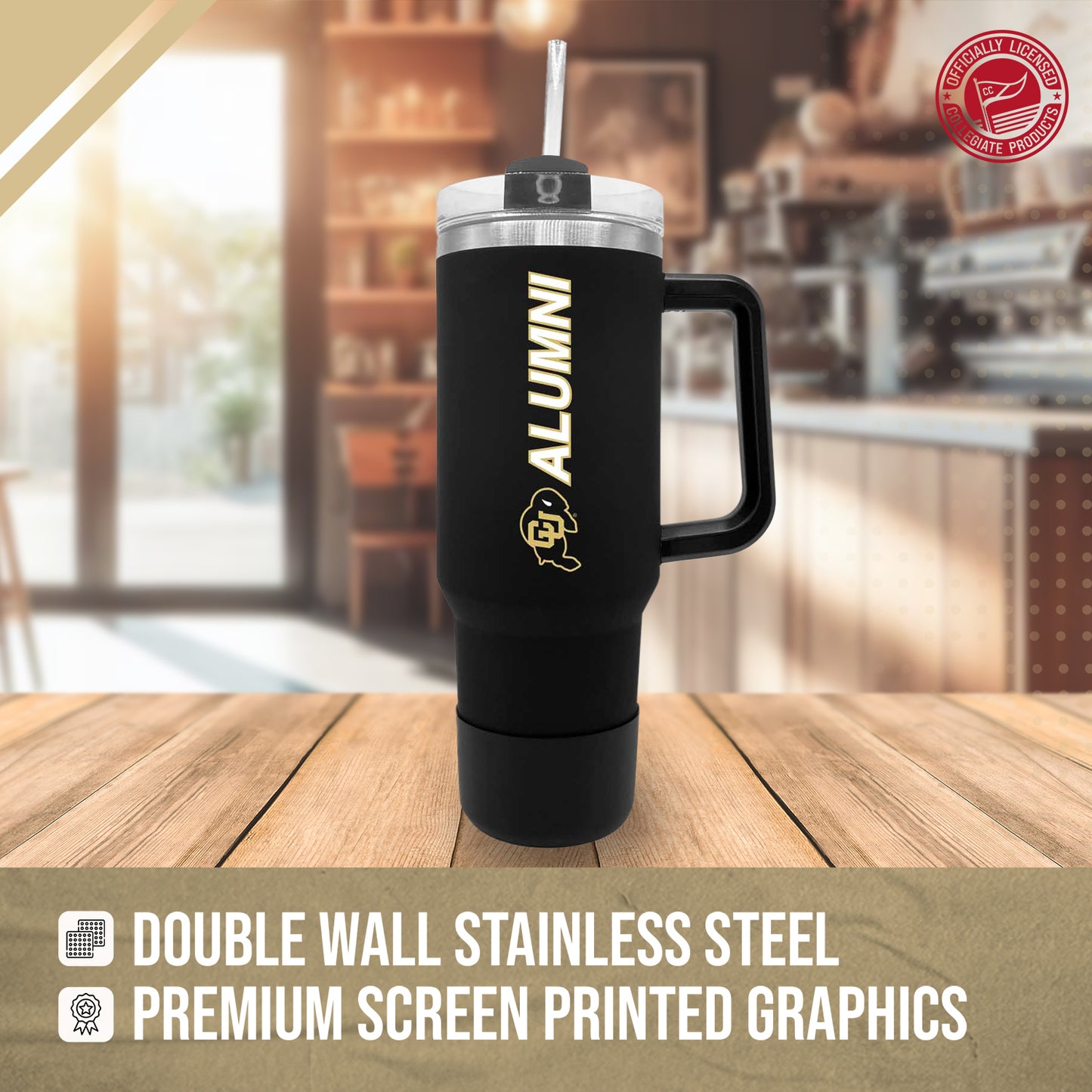 Colorado Buffaloes Collegiate 40oz Stainless Steel Travel Tumbler with Handle for Alumni - Black