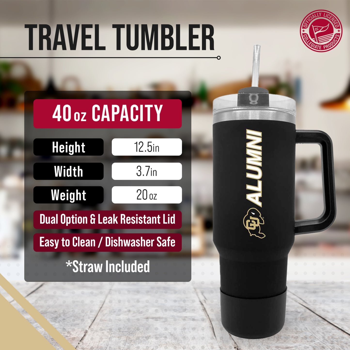 Colorado Buffaloes Collegiate 40oz Stainless Steel Travel Tumbler with Handle for Alumni - Black