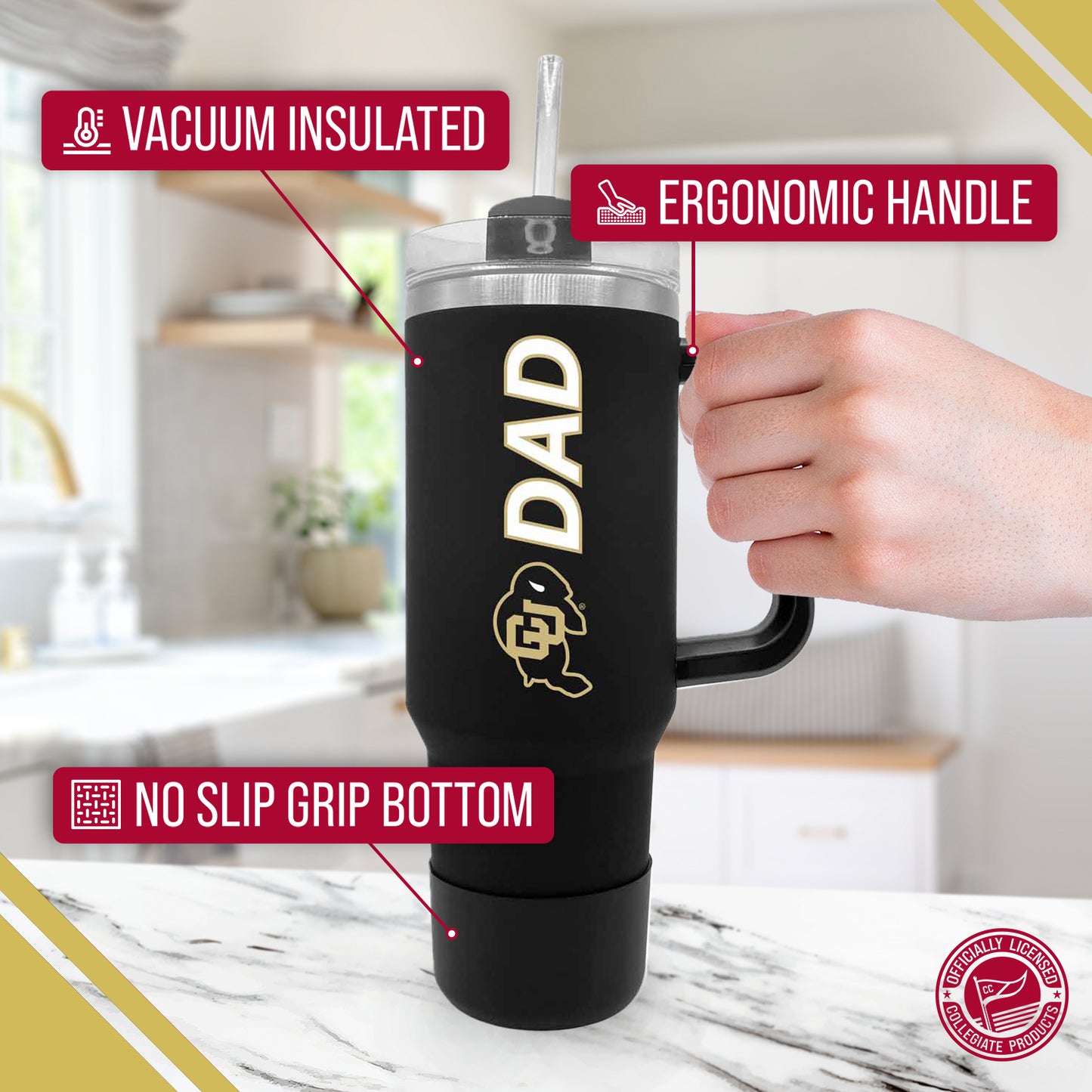 Colorado Buffaloes Collegiate 40oz Stainless Steel Travel Tumbler with Handle for Dad - Black