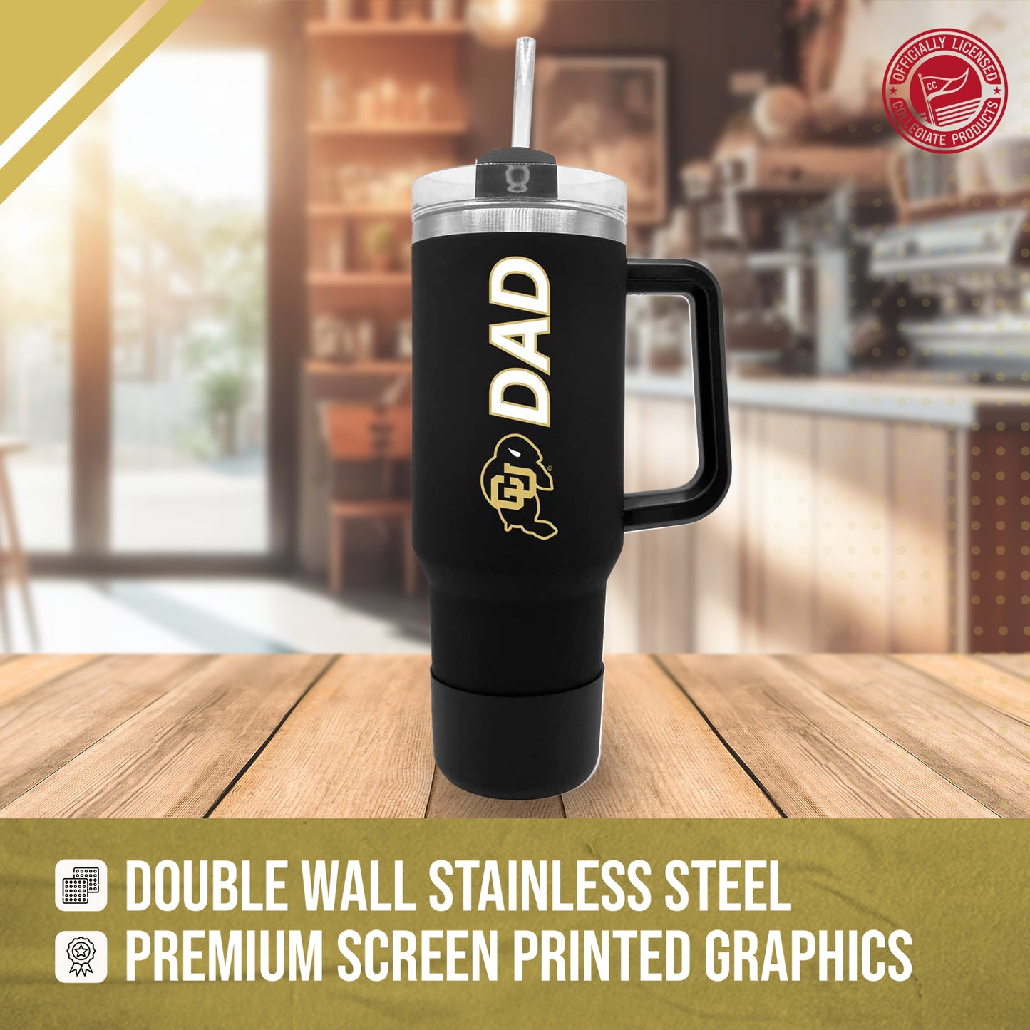 Colorado Buffaloes Collegiate 40oz Stainless Steel Travel Tumbler with Handle for Dad - Black