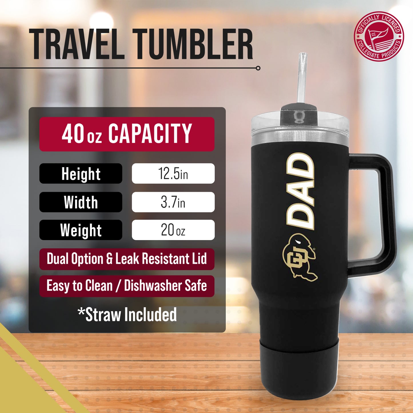 Colorado Buffaloes Collegiate 40oz Stainless Steel Travel Tumbler with Handle for Dad - Black