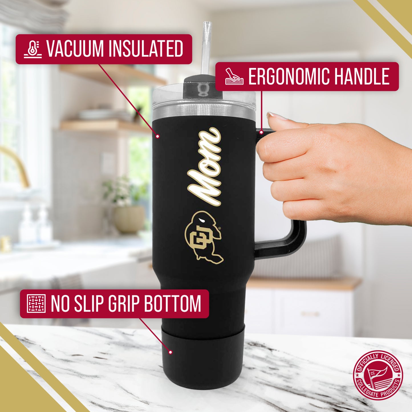 Colorado Buffaloes Collegiate 40oz Stainless Steel Travel Tumbler with Handle for Mom - Black