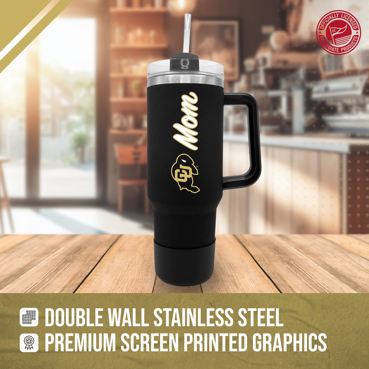 Colorado Buffaloes Collegiate 40oz Stainless Steel Travel Tumbler with Handle for Mom - Black