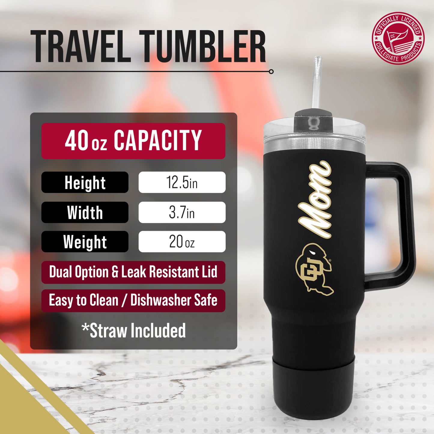 Colorado Buffaloes Collegiate 40oz Stainless Steel Travel Tumbler with Handle for Mom - Black