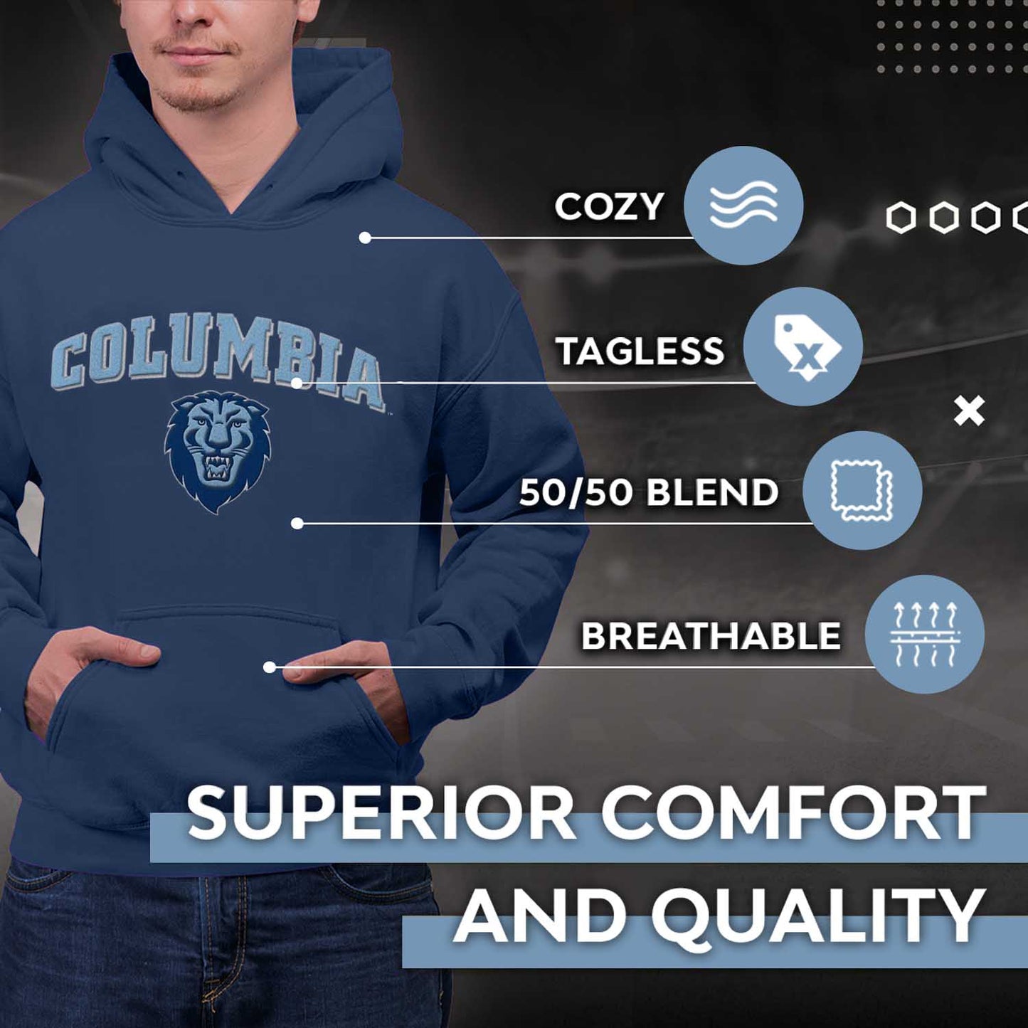 Columbia Lions NCAA Adult Tackle Twill Hooded Sweatshirt - Navy
