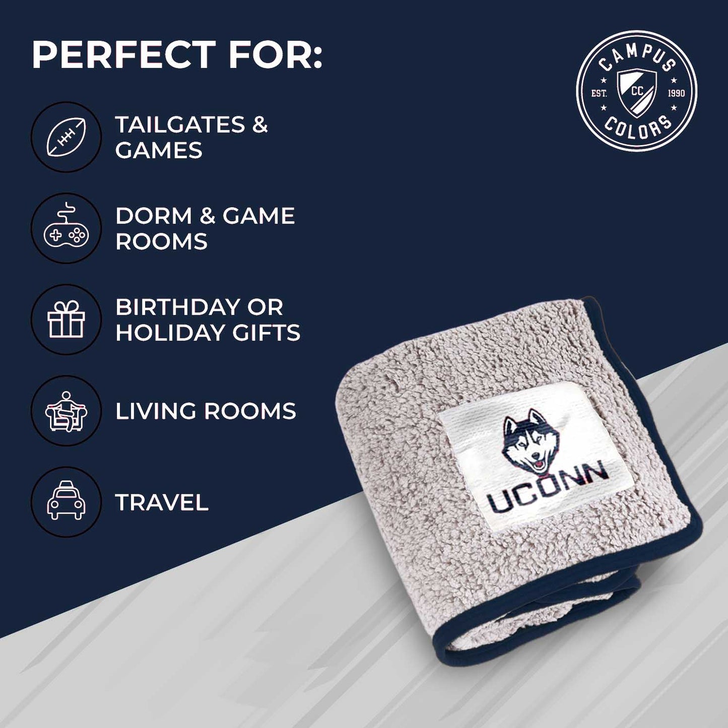 UCONN Huskies NCAA Silk Sherpa College Throw Blanket - Navy