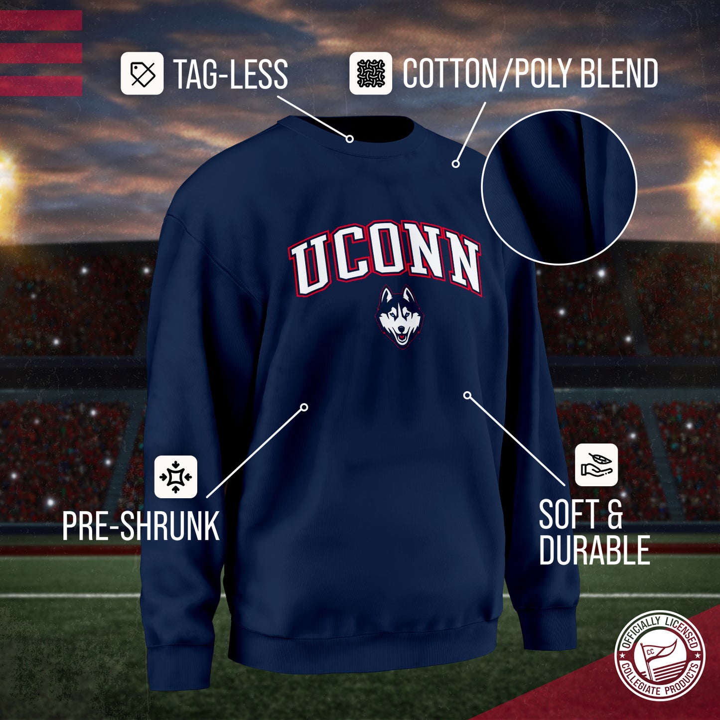 UCONN Huskies Adult Arch & Logo Soft Style Gameday Crewneck Sweatshirt - Navy