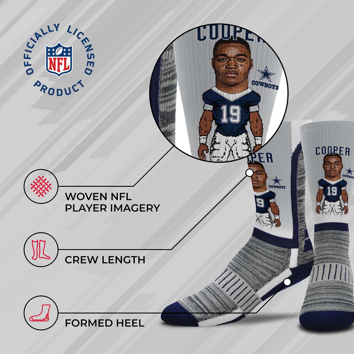Dallas Cowboys NFL Adult V Curve MVP Player Crew Socks - Sport Gray #19